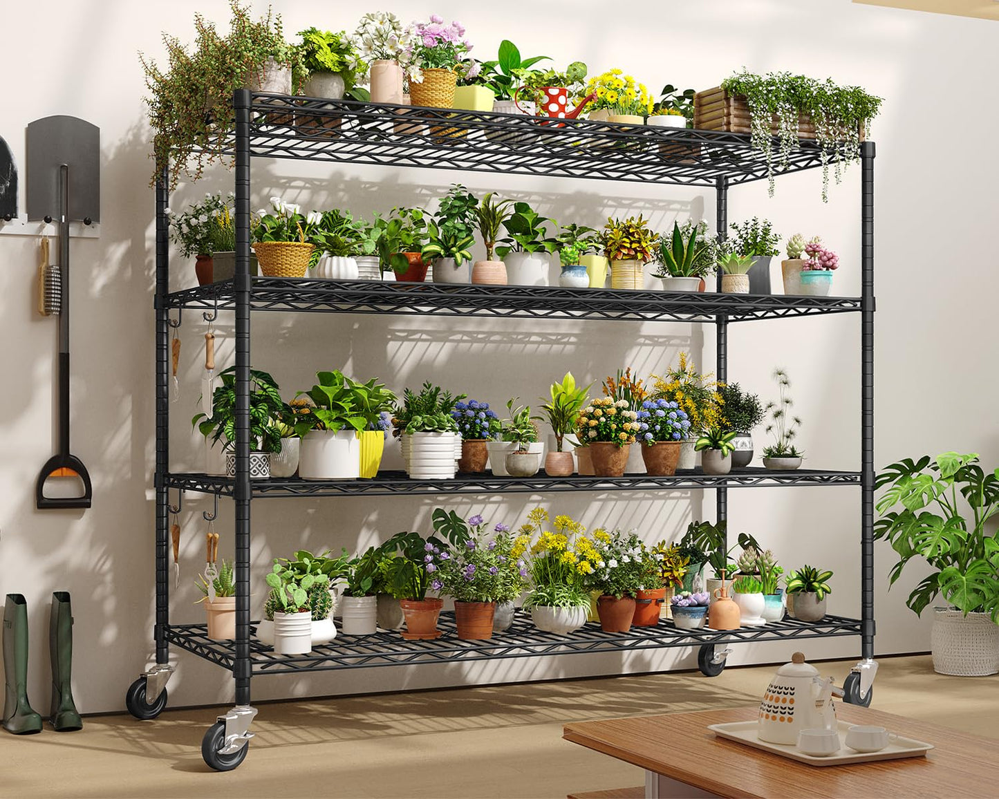 Mapleyard Heavy Duty Garage Shelving with Wheels: 55.5" W x 24" D x 81" H 4 Tier Wire Metal Storage Shelves, Adjustable NSF Commercial Shelf, Rolling Tote Rack Organizer for Pantry, Warehouse, Black