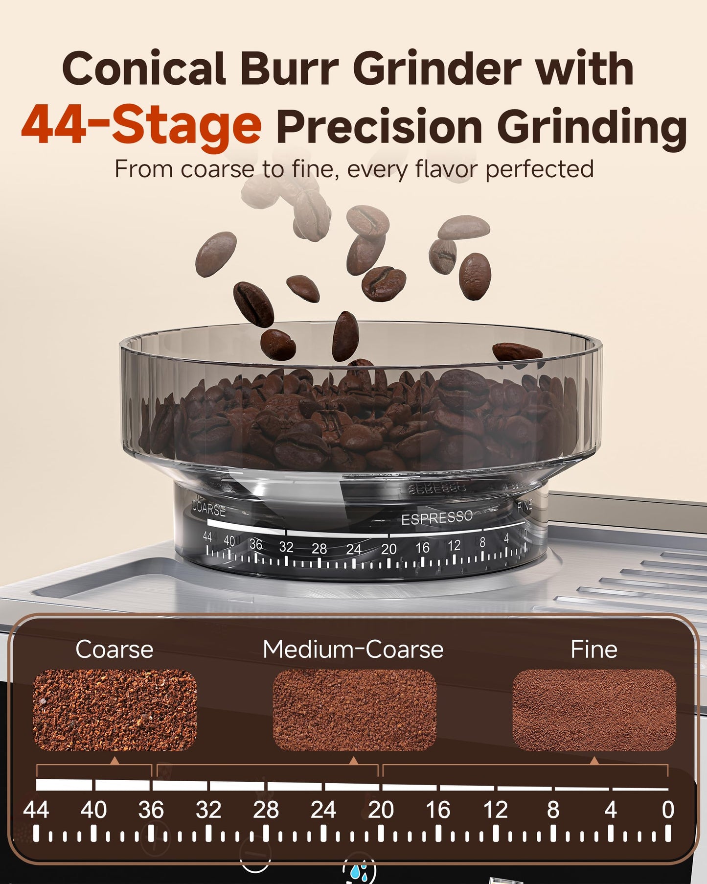AMZCHEF Espresso Machine With Grinder, 190℉-201℉ Temp Control Coffee machine with 44 Grind Setting, Milk Frother, Touch Screen, Cold Brew, Sliver