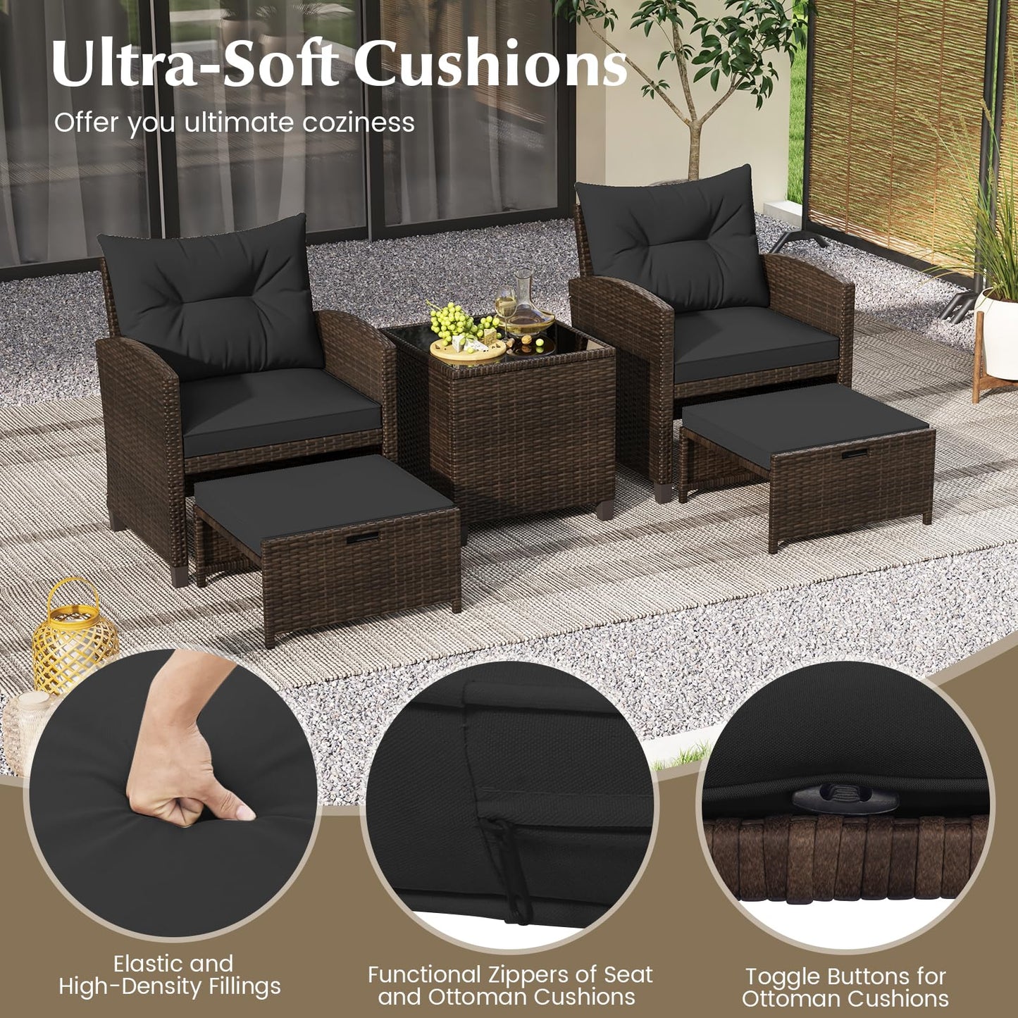 Tangkula 5 Pieces Patio Conversation Set, PE Wicker Rattan Outdoor Furniture Set with 2 Chairs, 2 Ottomans & Tempered Glass Coffee Table, Ideal for Poolside, Backyard, Lawn, Deck, Mix Brown & Black