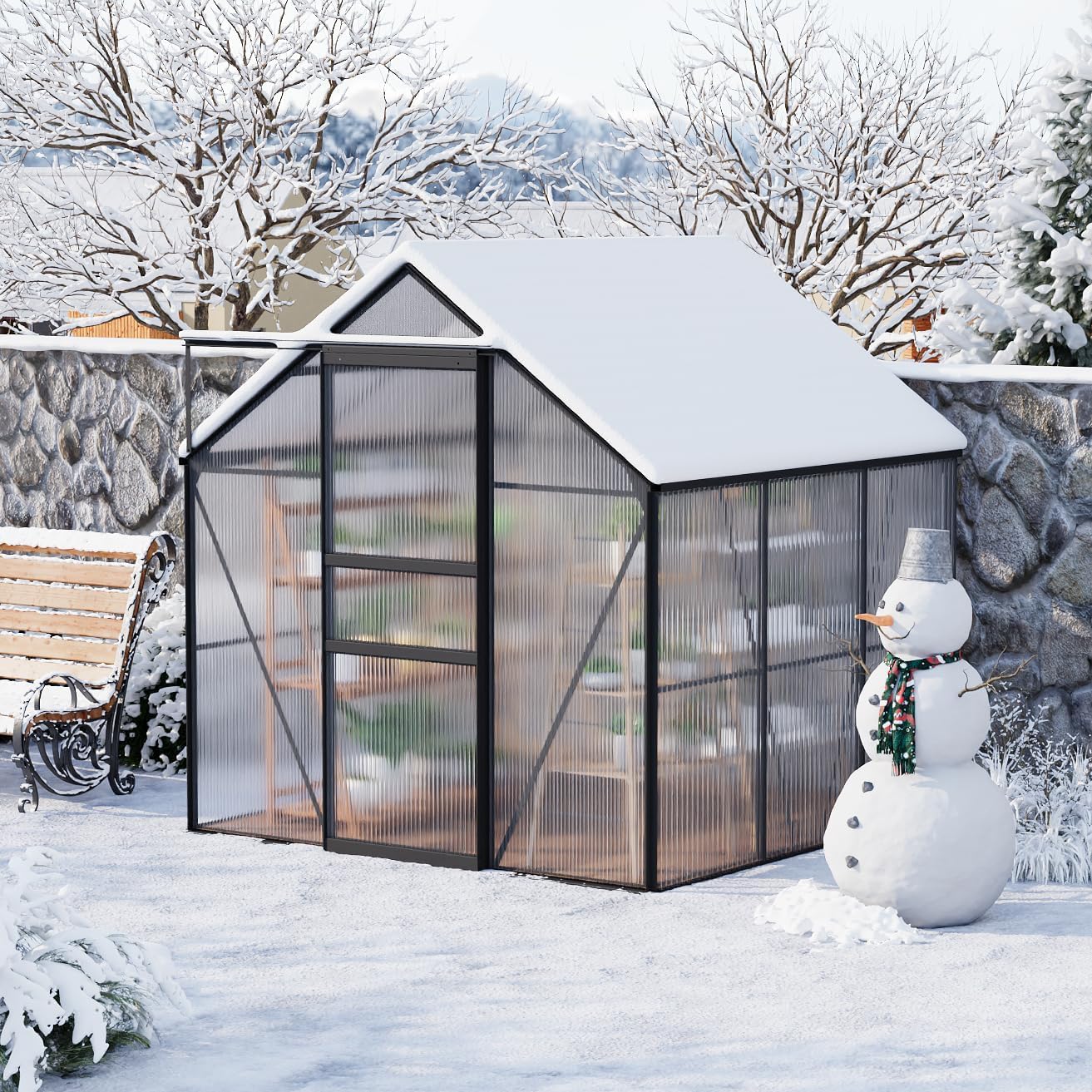 IDEALHOUSE 6x6 ft Polycarbonate Greenhouse with Adjustable Roof Vent, Walk-in Greenhouse for Outdoor Garden Backyard, Heavy Duty Aluminum Frame, 720g/M² PC Panels, Black