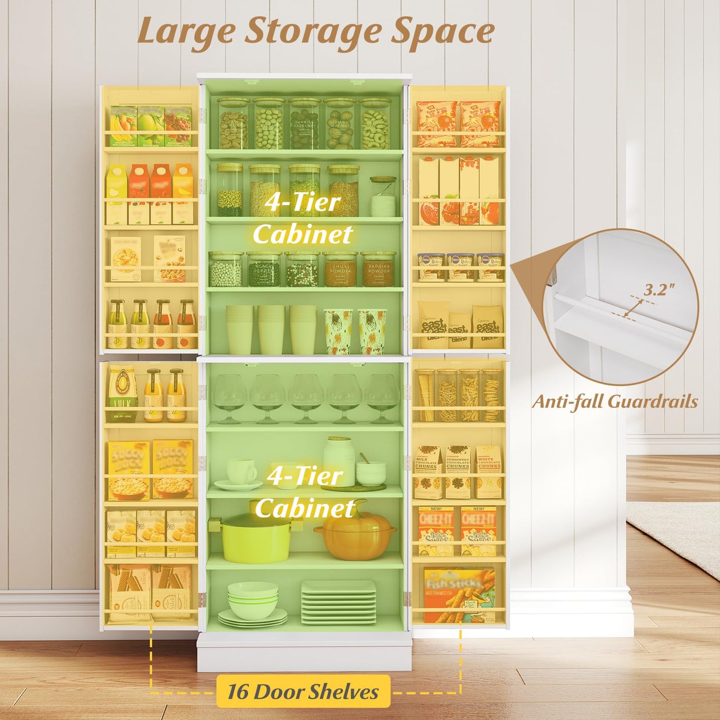 Giantex Kitchen Pantry Cabinet, 65.5" Tall Kitchen Hutch w/8-Tier Storage Cabinet, 16-Tier Door Shelves & Adjustable Shelves, 4-Door Freestanding Buffet Sideboard for Dining Room, Living Room, White