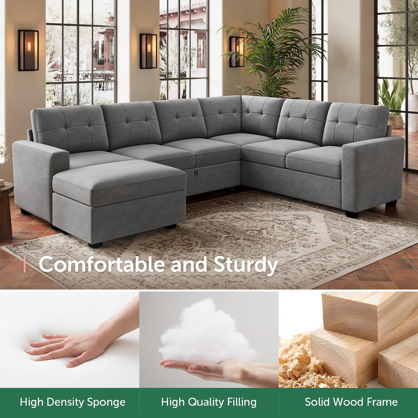 HONBAY 106.2 Inch U-Shaped Sectional Sleeper Sofa with Pull-Out Bed & Storage Ottoman, 7-Seater Sectional Sofa for Living Room, Pet-Resistant Fabric Couch, Grey