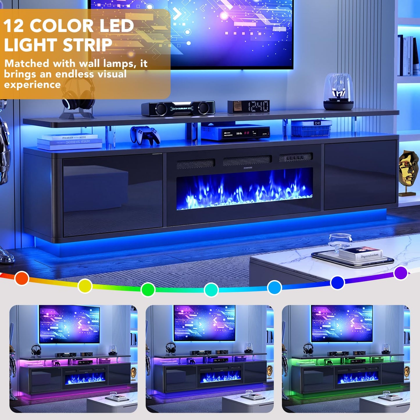 MXV 80" Fireplace TV Stand for Living Room, 36" Electric Fireplace with Adjustable Flames & Double LED Lights, Remote Control, Storage Cabinet with High Gloss Board, Fits TVs Up to 90", Black & Black