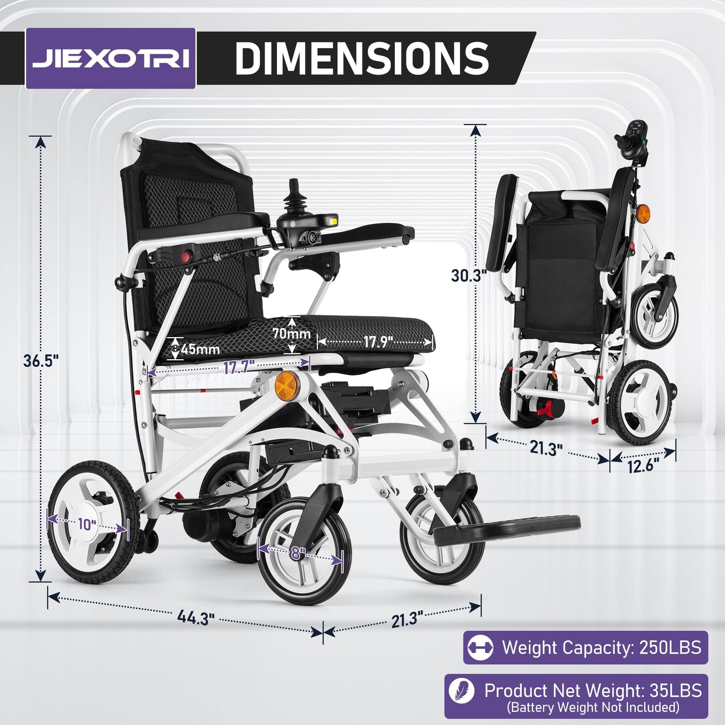 Electric Wheelchairs for Adults Foldable Lightweight at Only 35lbs, 500W Dual Motors Motorized Wheelchairs for Seniors, All Terrain Travel Powered Wheel Chairs, Support 250 lbs, White