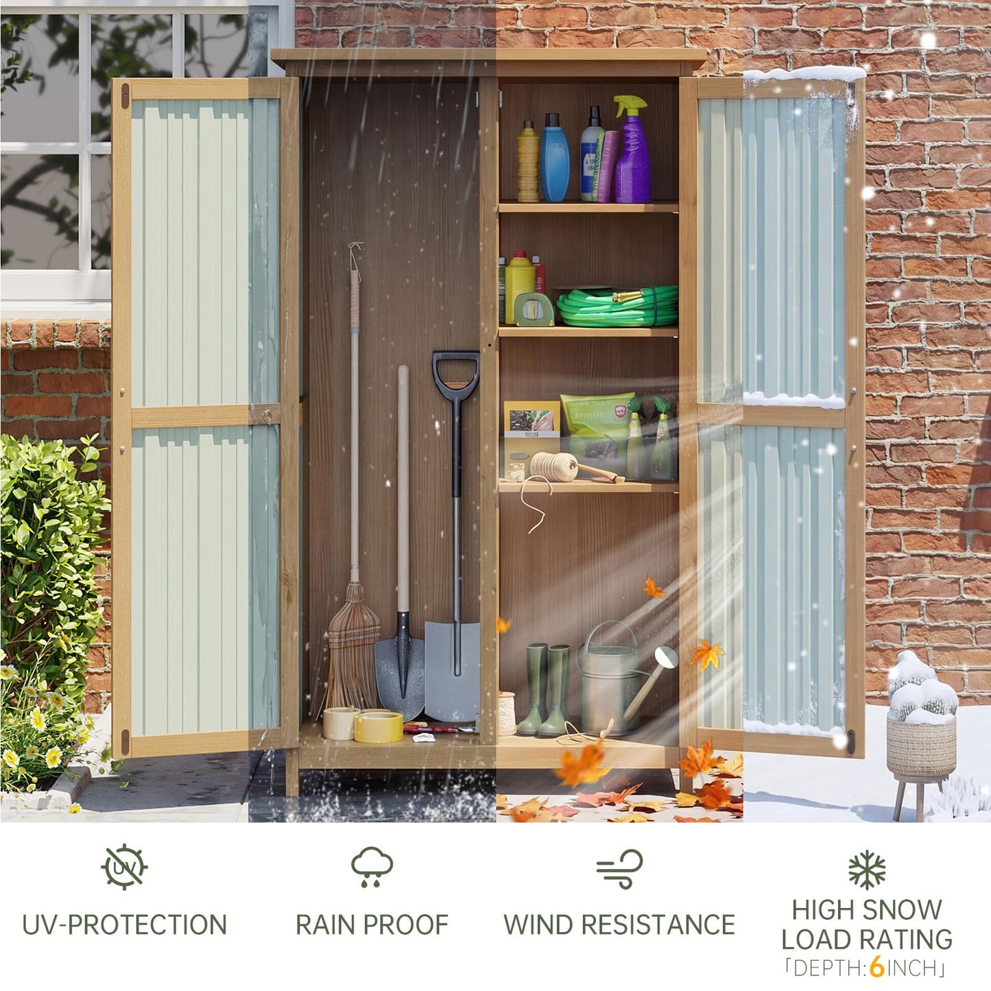 Aoxun Outdoor Storage Cabinet Shed - Tall Tool Garden Vertical Cabinet with Weather-Resistant Roof, Double Lockable Doors, 3 Removable Shelves, for Backyard Garden Patio Lawn Indoor