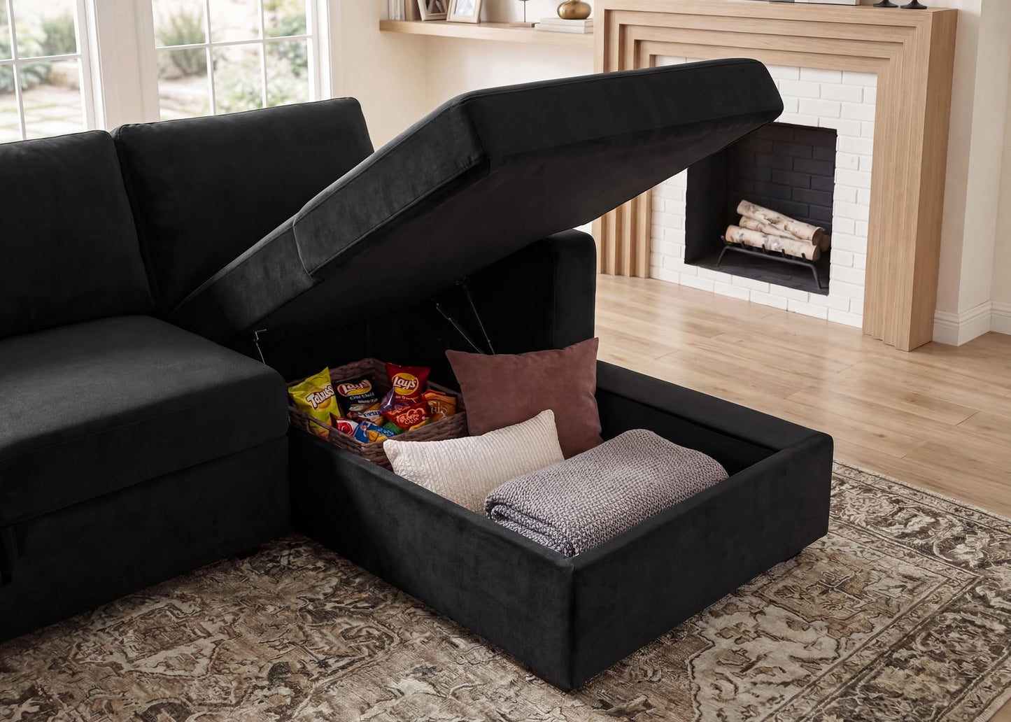 HONBAY Sectional Sleeper Sofa with Pull Out Bed U-Shape Sectional Couch with Storage Chaise 6 Seater Sleeper Sectional Sofa Bed, Velvet Black