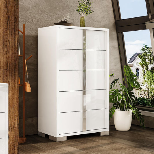 AMERLIFE 50.2" H Modern 5 Drawer Dresser, Glossy Surface Chest of Drawers, Large Storage Organizer for Bedroom, Living Room, Cloakroom, Luxury, White