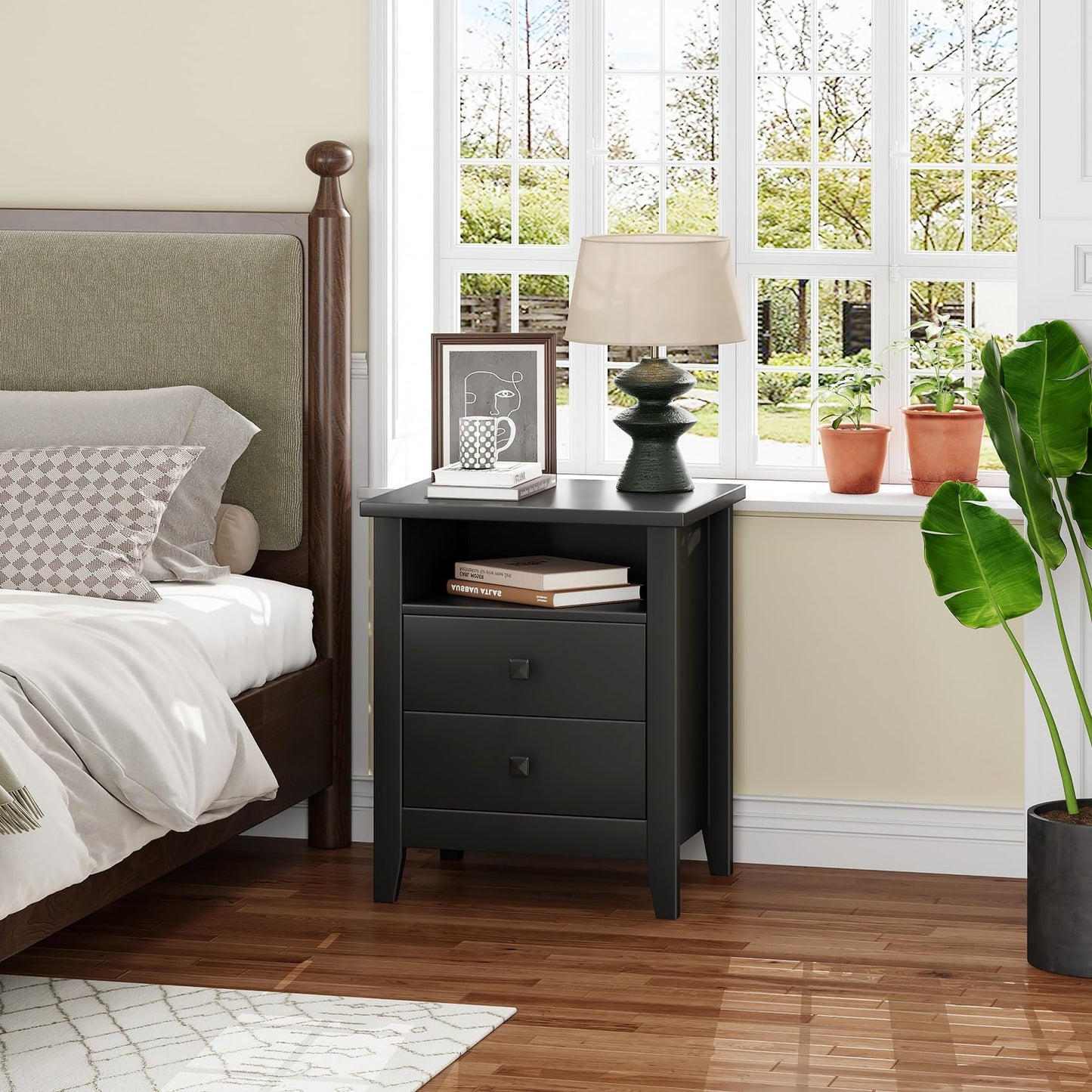 JSB Farmhouse Nightstand Set of 2, Night Stand with 2 Drawers,Open Shelf, End Table/Bed Side/Side Table for Bedroom, Kids Room, Living Room (Black, 18.7" W x 15" D x 23.8" H (2 Drawers))