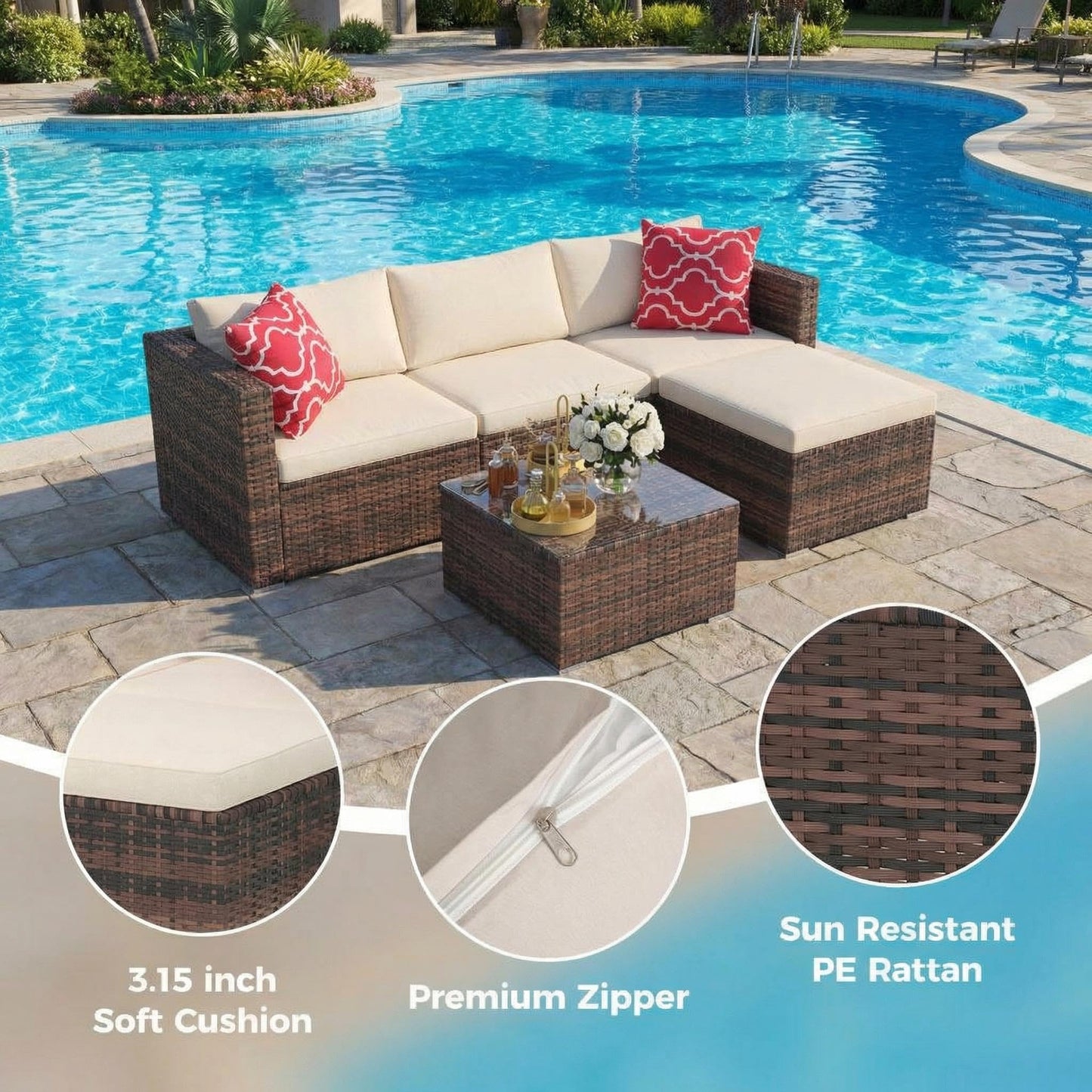 5-Piece Patio Sectional Sofa Set, All-Weather Brown PE Rattan Outdoor Conversation Furniture with Neutral-Tone Cushions, Glass Coffee Table & Footstool, Modular Design for Garden, Porch, Balcony, Pool