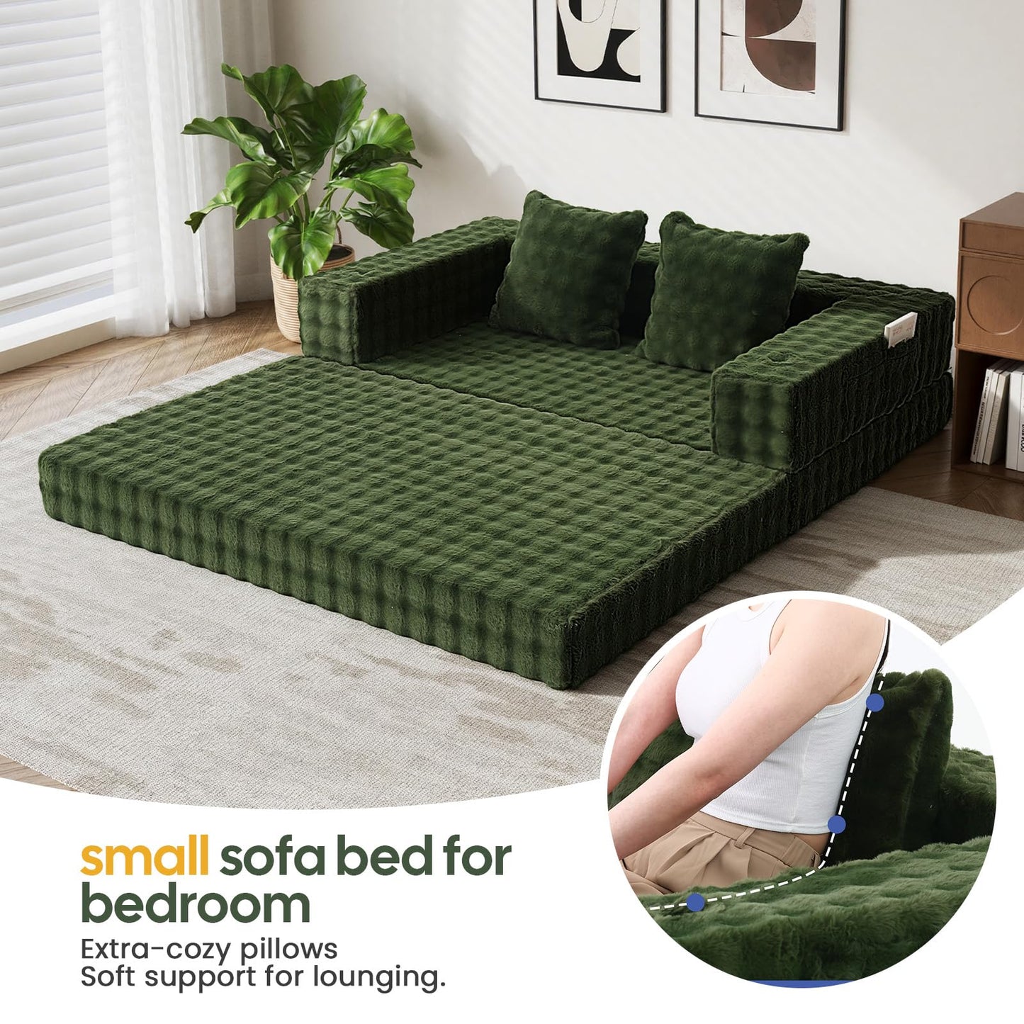 COMAX Futon Sofa Bed, 4‑in‑1 Convertible Sofa Bed, Folding Boneless Couches for Living Room, Fold Out Small Foldable Loveseat Floor Sleeper Comfy Mattress Lounge Space‑Saving, Classic Green