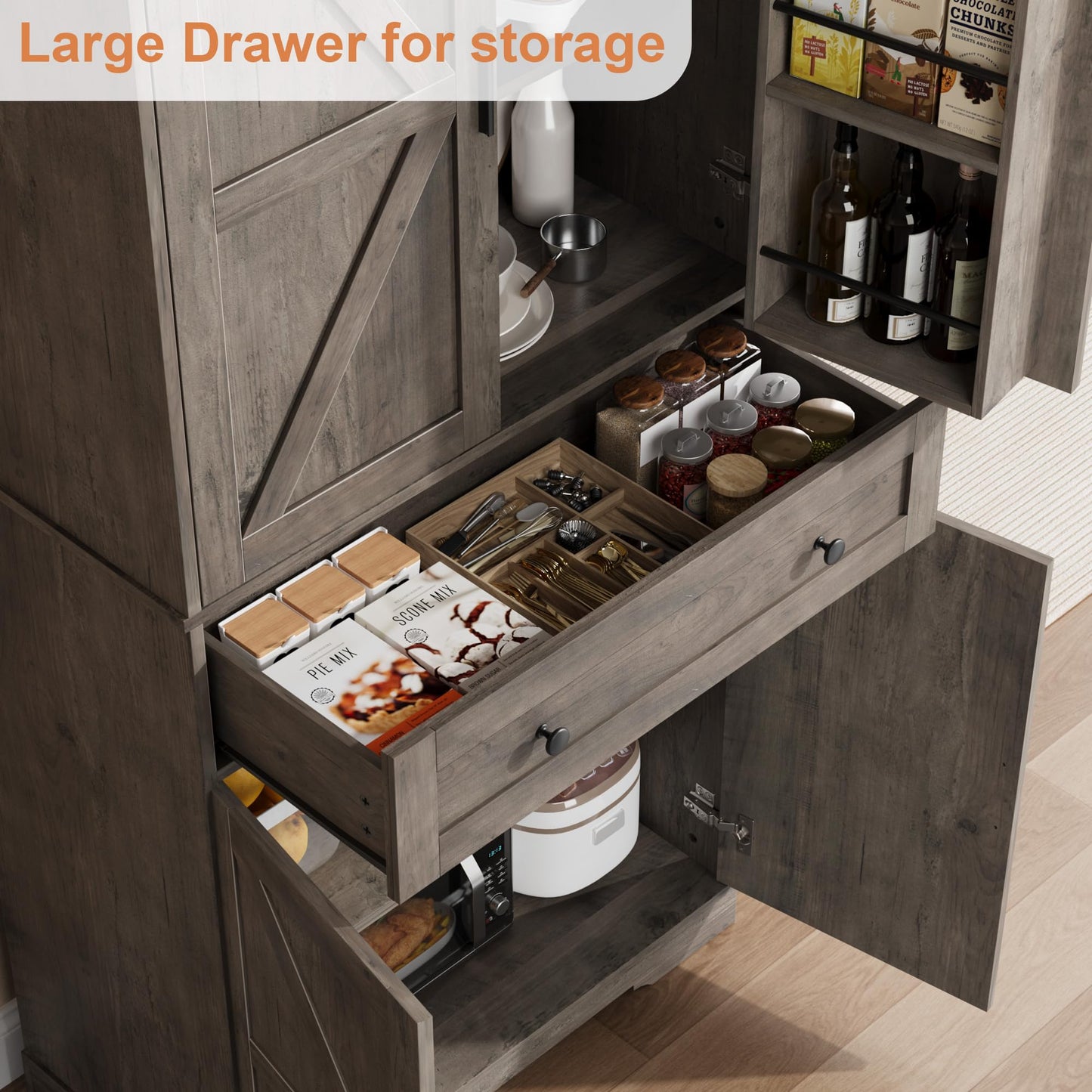 Garvee 71" Kitchen Pantry Cabinet, Barn Door Freestanding Cupboard with Drawer, Sliding Storage Rack, and 6 Hanging Shelves for Kitchen, Dining Room, Living Room Bedroom