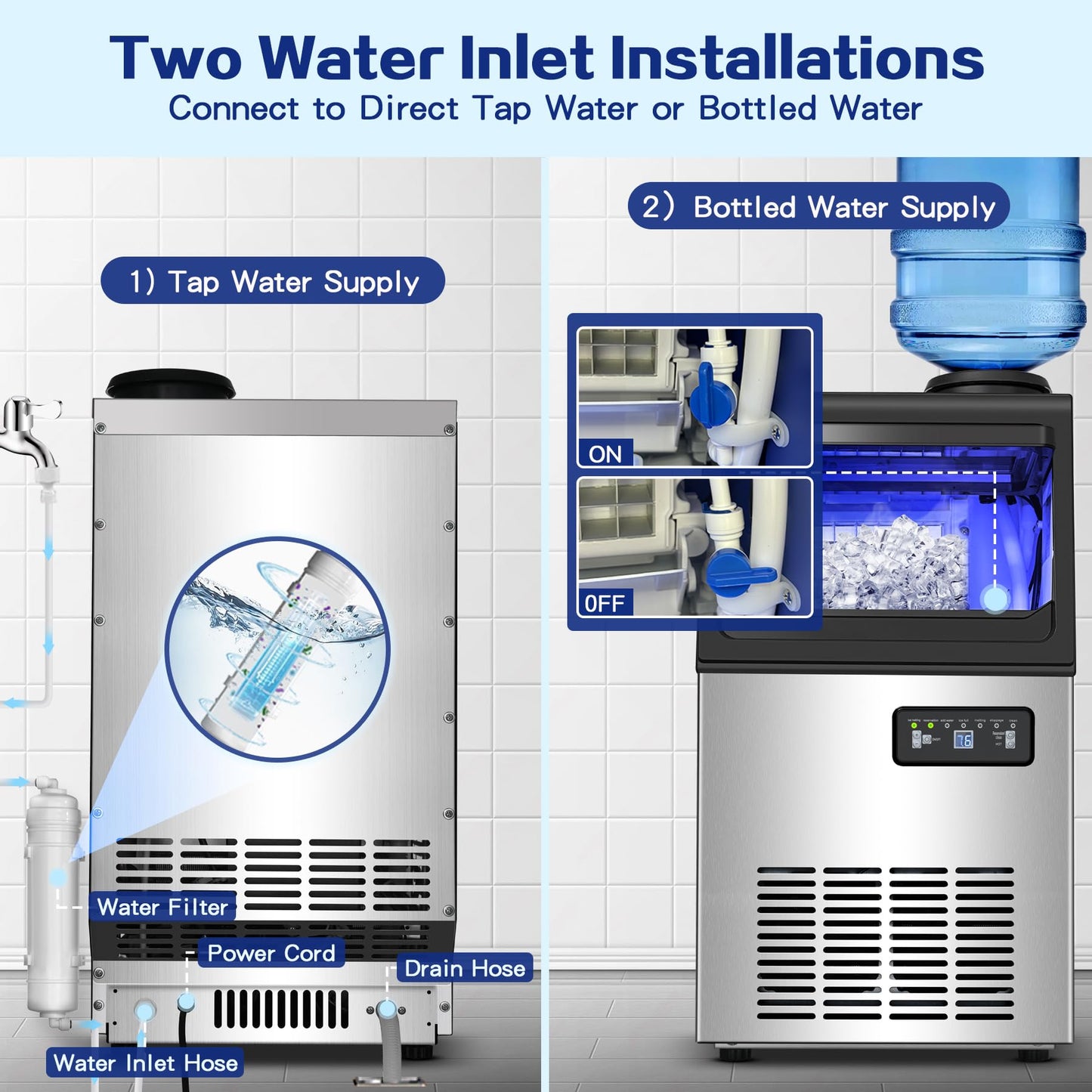Amzgachfktch Commercial Ice Maker, 110lbs/24H Under Counter Ice Maker with 2 Water Inlet, Ice Maker Machine with 22lbs Storage, Auto Self-Cleaning, Freestanding Ice Machine for Home Office Bar