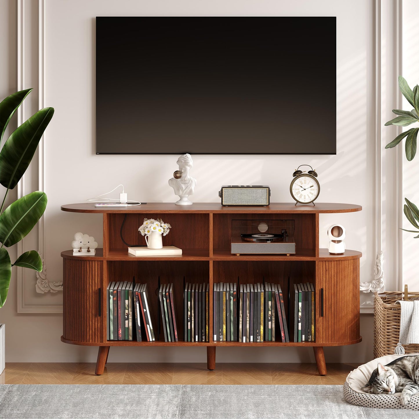 IDEALHOUSE 55" Large Record Player Stand with Vinyl Storage – Round Mid-Century Record Player Table Rustic Turntable Stand with Open Display Shelves, Charging Station, Media Cabinet for Office & Home