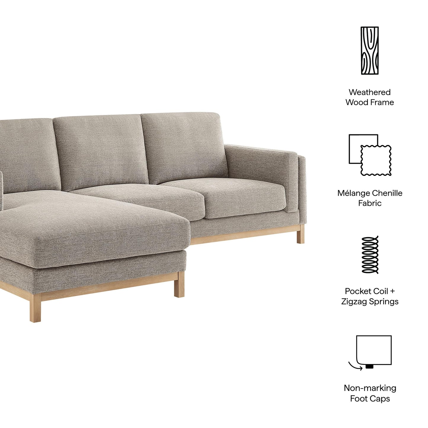 Modway Roscoe Left-Facing Sectional Sofa with Chaise in Pewter - 2-Piece Mélange Chenille Fabric Deep Seat Couch, L Shaped Modular for Living Room or Lounge