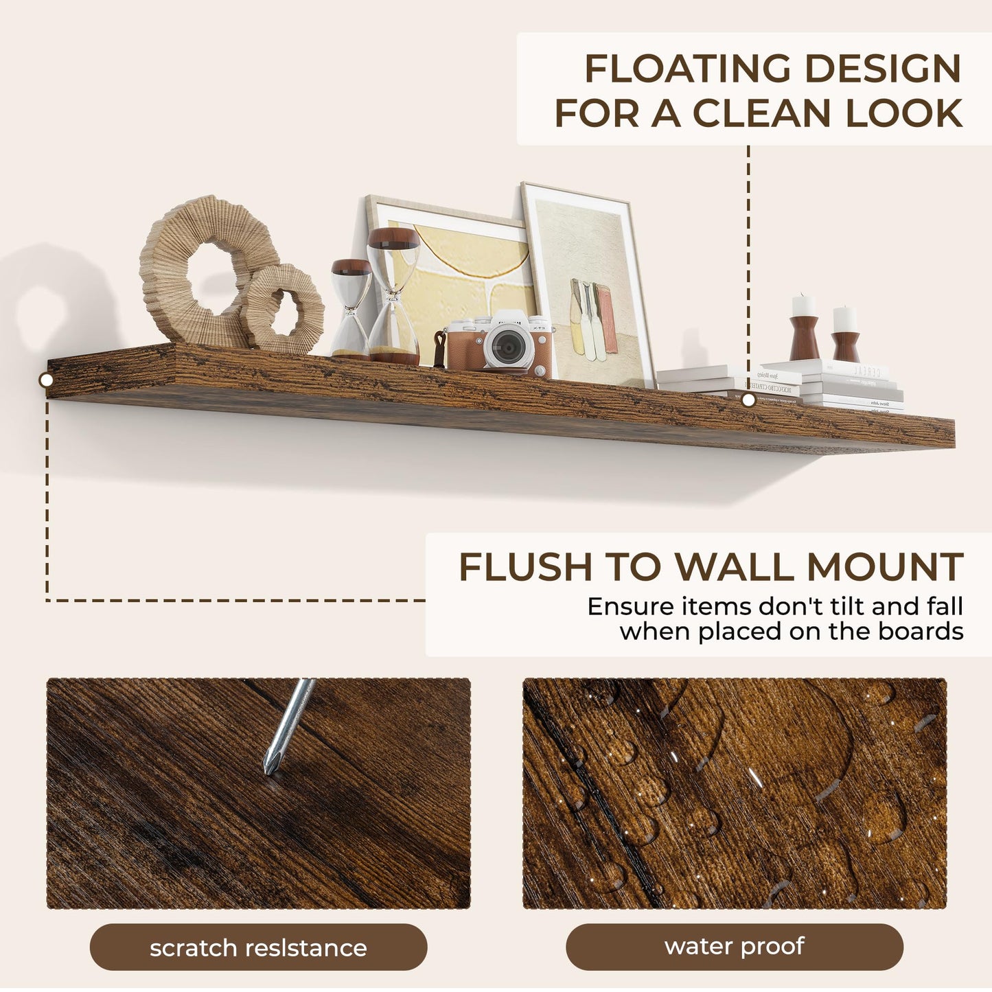 RICHFOCUS 72Inch Floating Shelves for Wall 2 Pack Shelves for Bedroom|Kitchen|Bathroom Wall Mounted Rustic Wood Floating Shelf with Invisible Brackets for Books|Storage|Decor, Rustic Brown