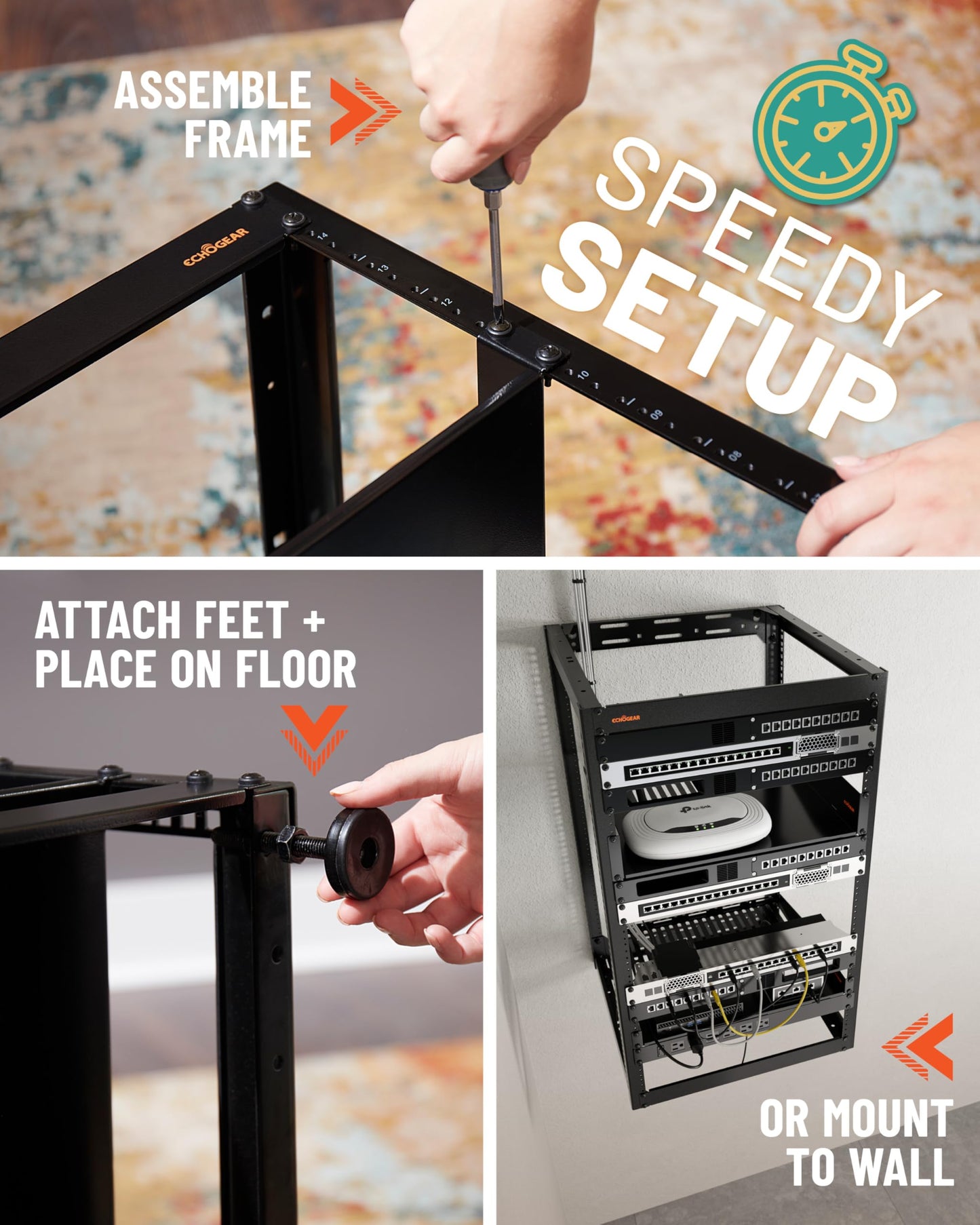 ECHOGEAR 20U Open Frame Rack w/Optimal Air Flow, DIY Assembly, 20.4” Depth
