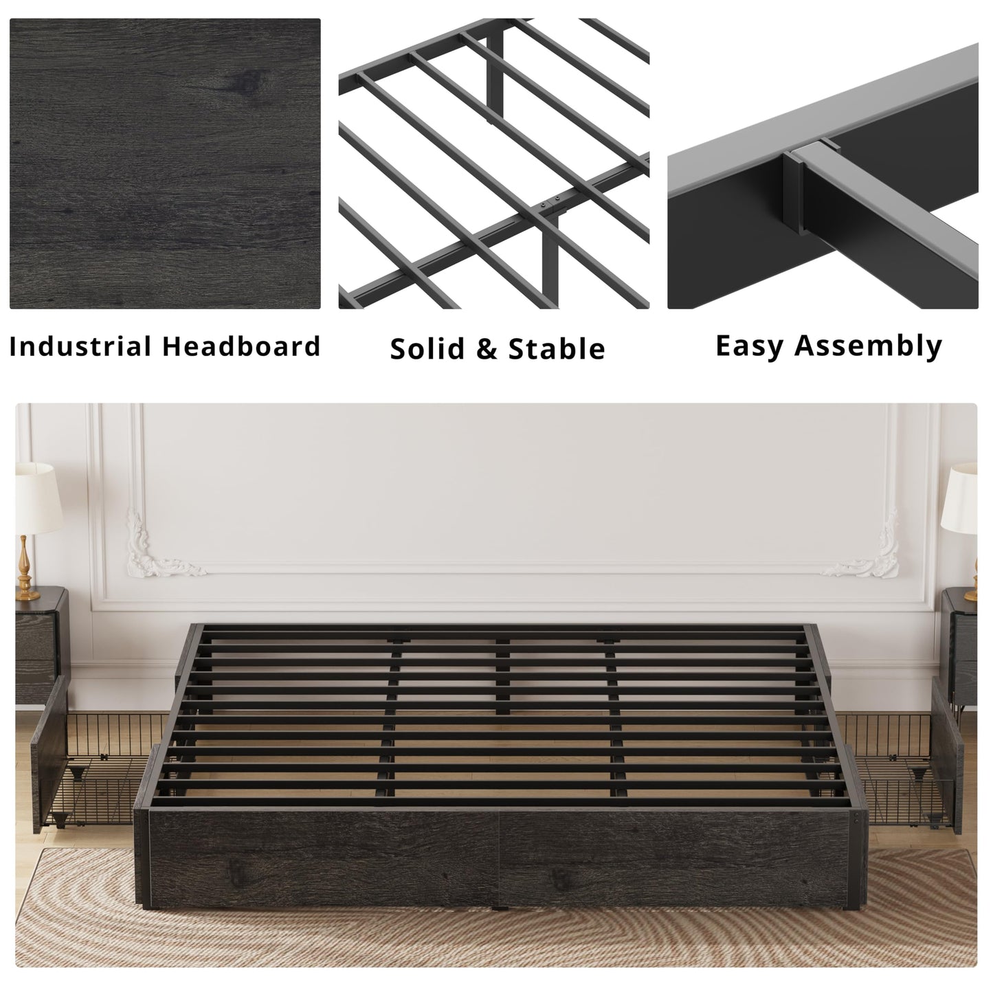 LIKIMIO King Bed Frame with Storage, 4 Drawers and Heavy Strong Metal Support Frames, Solid Stable, Noise-Free, No Box Spring Needed, Easy Assembly, Charcoal Grey