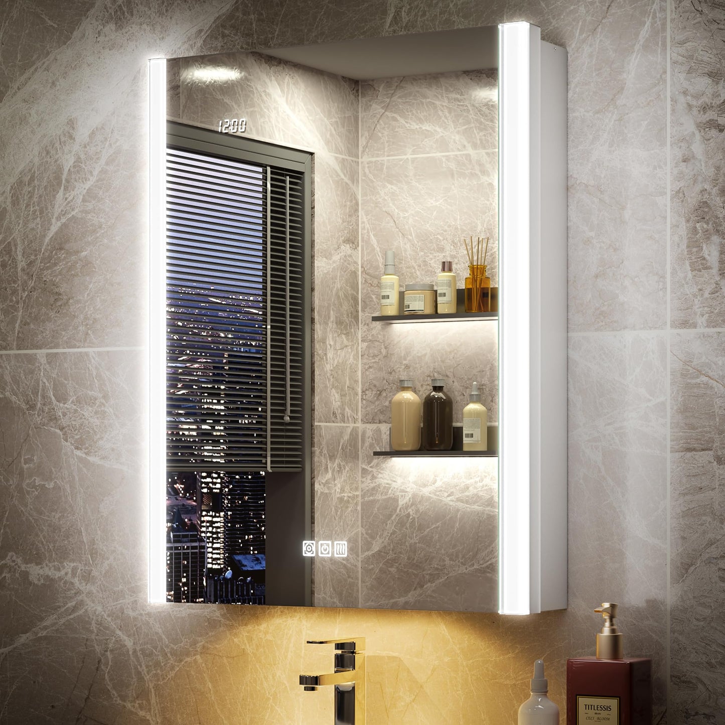 QueenFun Lighted Medicine Cabinet Mirror with Lights & Smart Night Lamp -20x26 Surface or Recessed Medicine Cabinet Mirror with Outlet & Clock,Fogless Dimmable LED Storage Mirror,Built-in Sensor Light