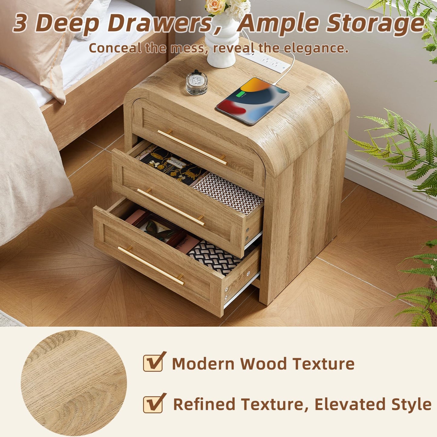 JINVICJIASI Oak Night Stand with Charging Station, Curved Nightstand with Drawers & Metal Handle, 22" Modern Side End Tables, Thick Desktop Bedside Table Storage Cabinet for Bedroom Home