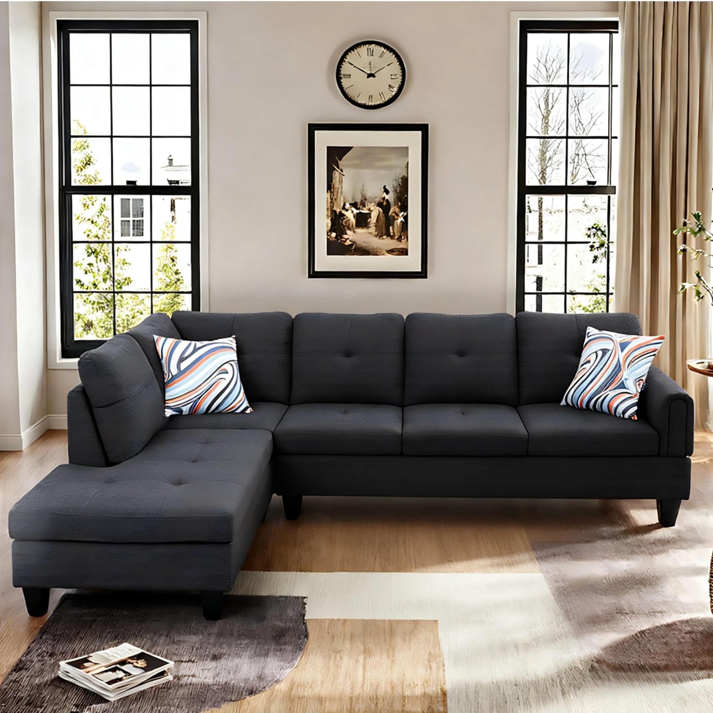 Trygoal L Shaped Couch Sectional Couches with Chaise, 3 Pieces Modular Convertible Sofa for Living Room Furniture Sets and Small Apartment, Black Grey