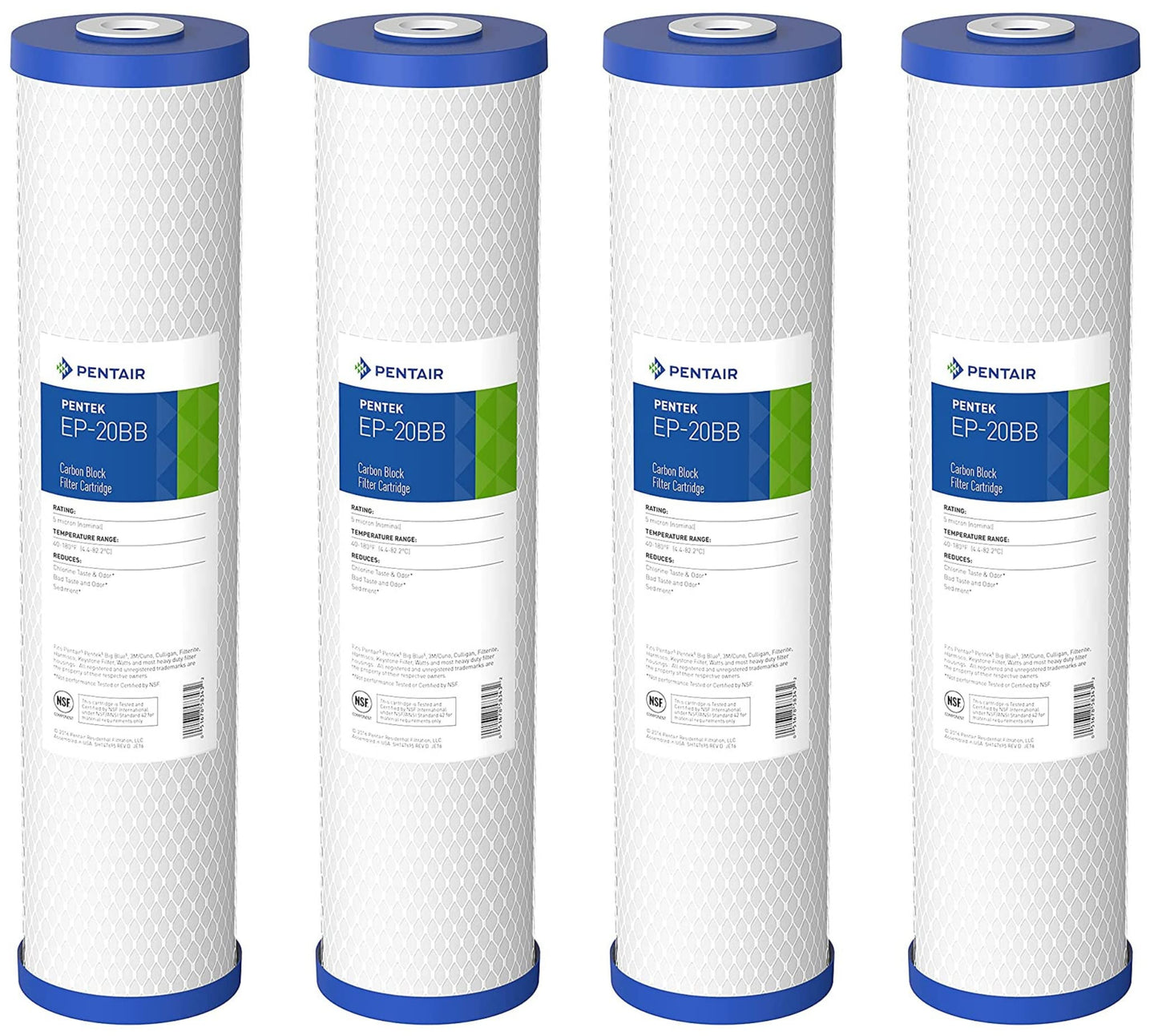 Pentair Pentek EP-20BB Big Blue Carbon Water Filter, 20-Inch, Whole House Carbon Block Replacement Cartridge with Bonded Powdered Activated Carbon (PAC) Filter, 20" x 4.5", 5 Micron, Pack of 4