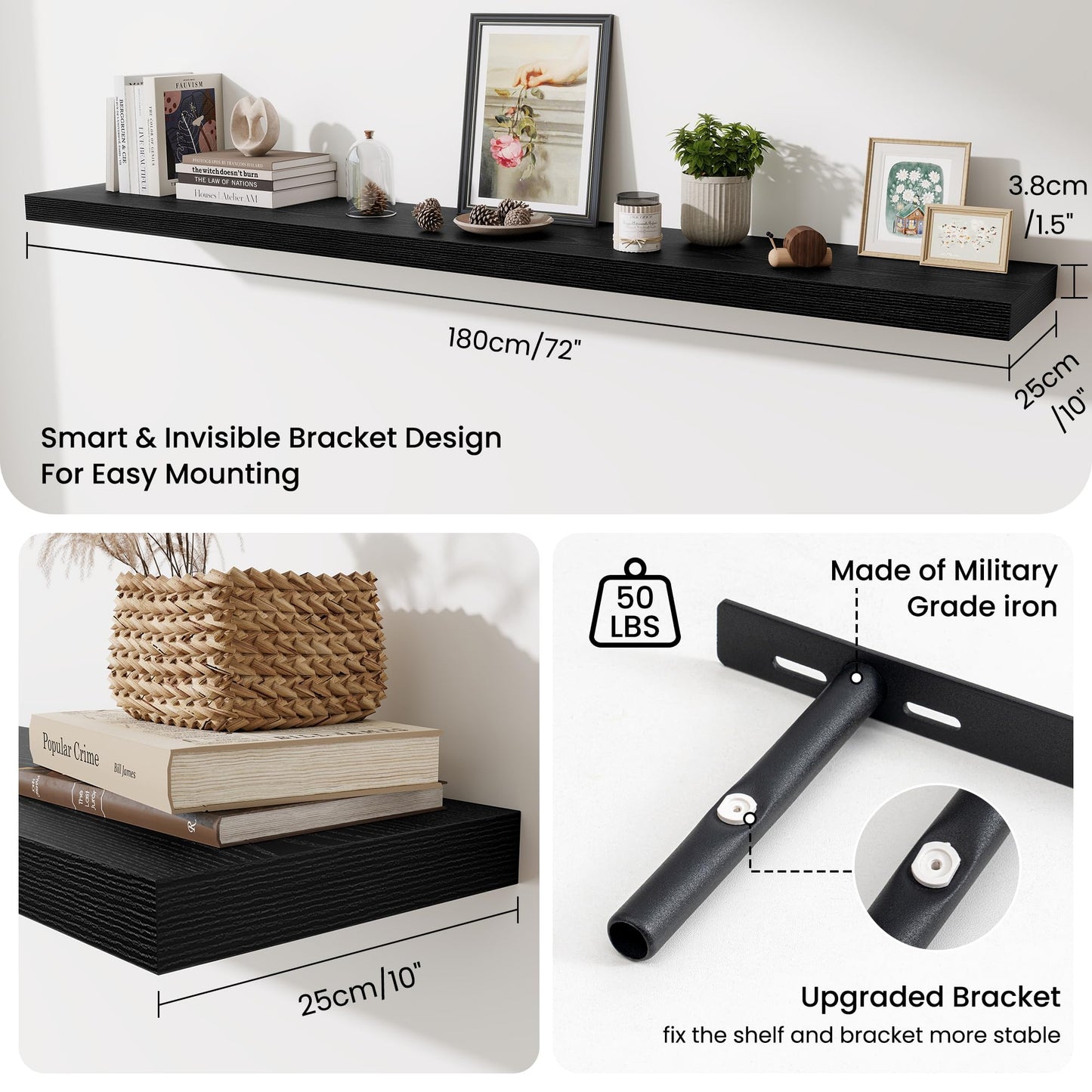 Fun Memories 72 Inch Fireplace Mantel Shelf, 10 Inch Deep Shelves for Display & Wall Storage, Rustic Wood Wall Shelf, Extra Long Floating Shelves for Living Room Laundry Room, Black, Set of 2