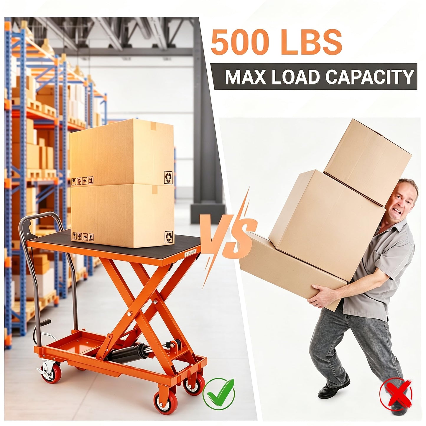 Garvee Hydraulic Lift Table Cart, 500 LBS Capacity 28.5 in Lifting Height Single Scissor Lift Table with 4 Swivel Wheels & Non-Slip Pad, for Material Handling and Transportation, Orange
