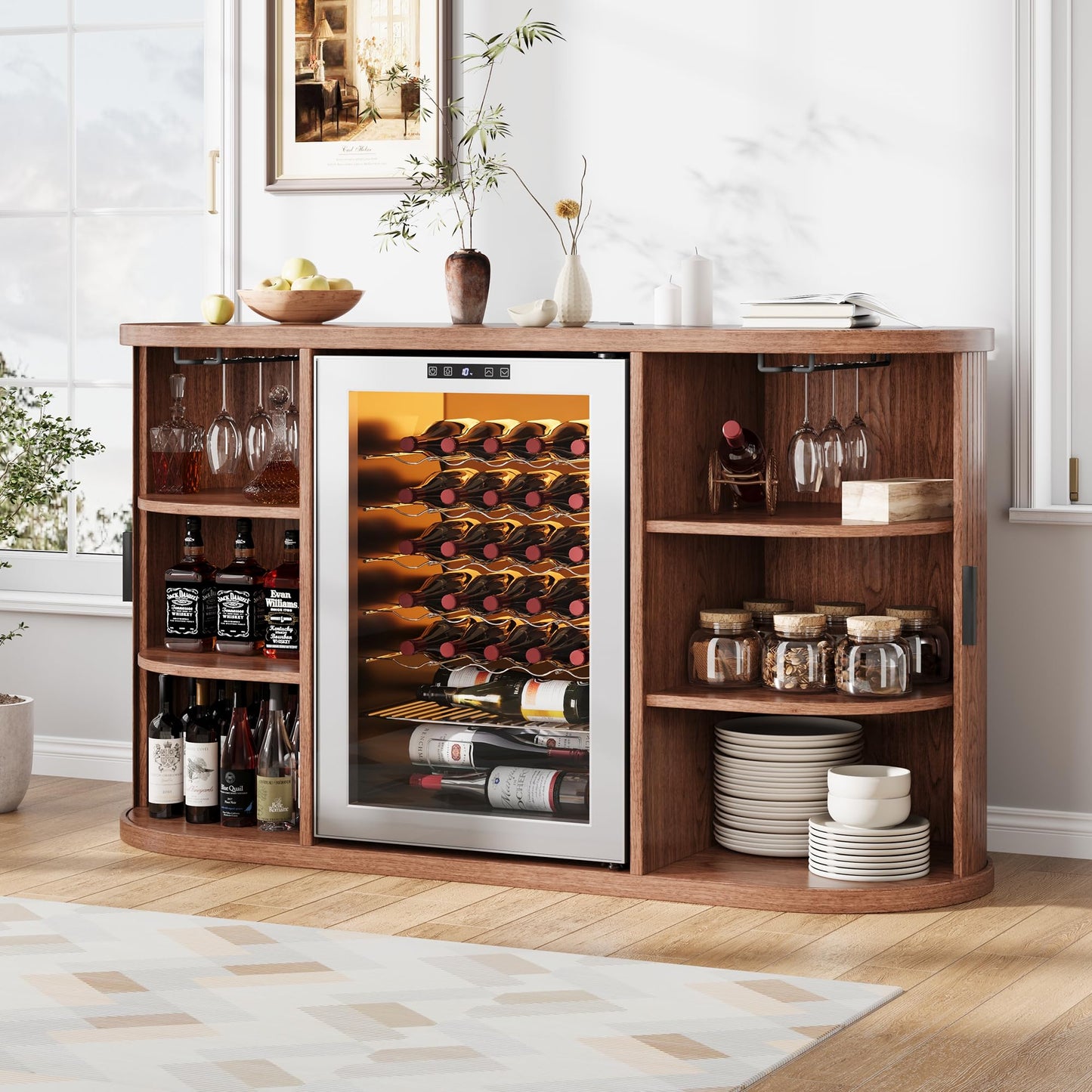 Jocoevol 53" Fluted Coffee Bar Cabinet with Sliding Doors, Wine Bar Cabinet with Charging Station & Holder, Modern Liquor Whiskey Buffet Sideboard for Dining Room, Living Room, Kitchen（Walnut）