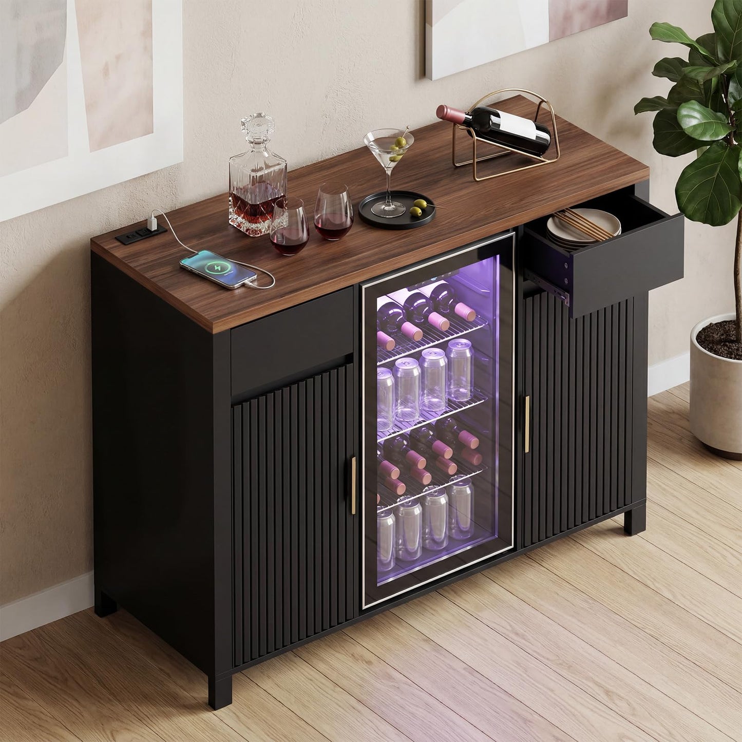 Garvee 53" Fluted Coffee Bar with Mini Fridge Space & Charging Station, Fits 19.7" Mini Fridge, Fridge Cabinet with Wine Storage, Buffet Sideboard with Wine Rack and Storage for Dining Room, Black