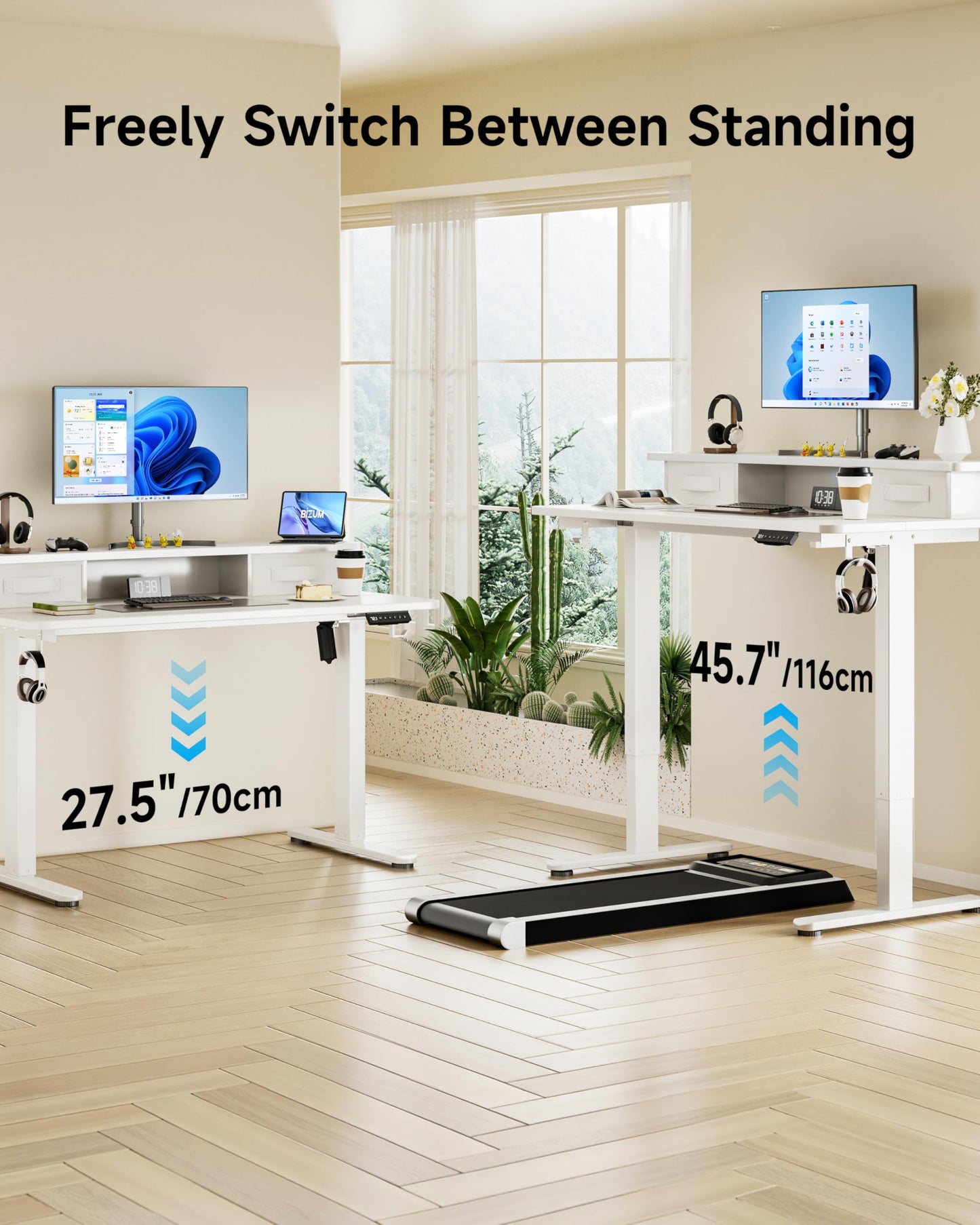 BIZUM Standing Desk with 2 Drawers Computer Desk-Stand up Desk Home Office Gaming Memory Desks C-Clamp Mount Compatible, 48x24 Inch White
