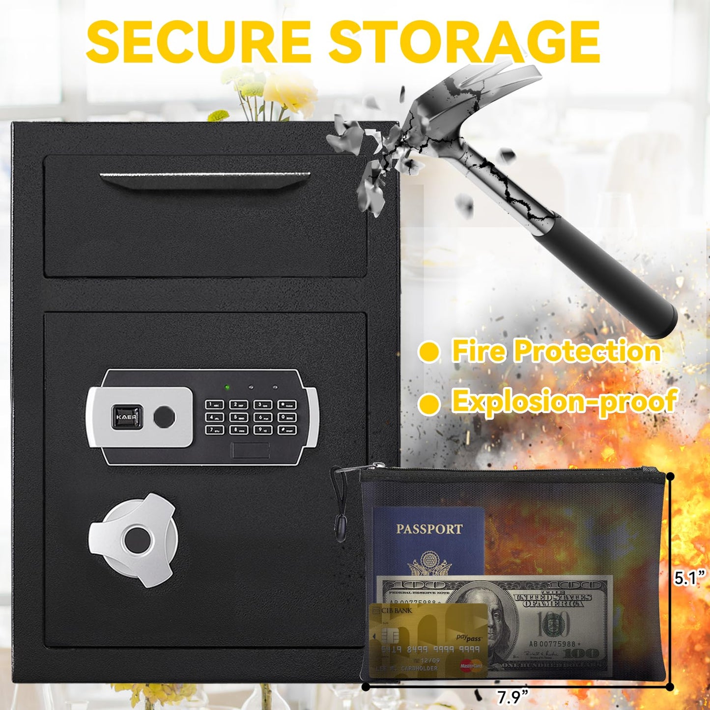 2.8 CUB Depository Drop Safe Fireproof, Front Drop Slot Lock Box with Digital Combination and Anti-Fishing, Silent Deposit Safe Box, Security Money Safe for Cash Slips Expense Business Office Home