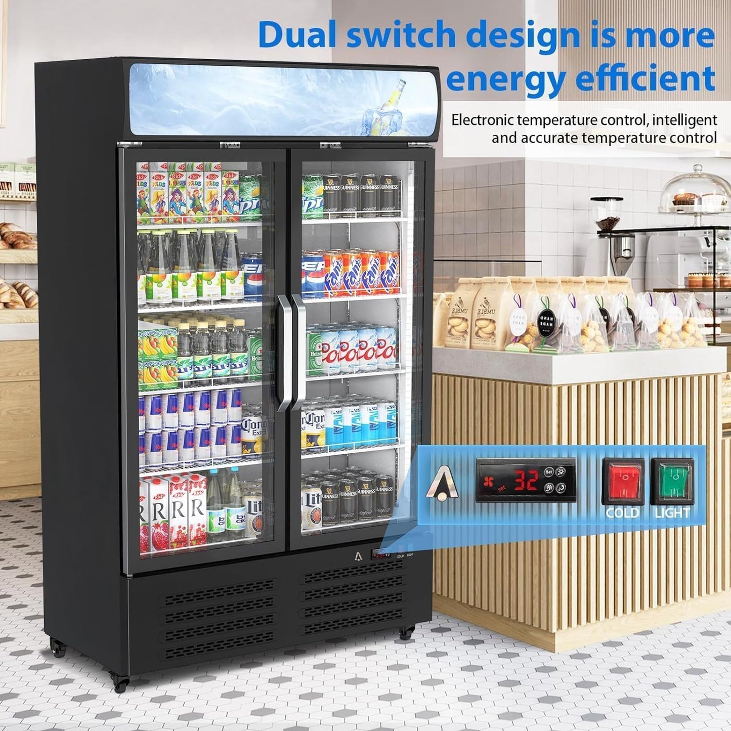 Commercial Refrigerator, 25.3 Cu Ft Commercial Merchandiser Refrigerator, Upright Beverage Display Cooler with 2 Glass Door and LED Light, Large Business Cooler for Home Restaurant Grocery Stores