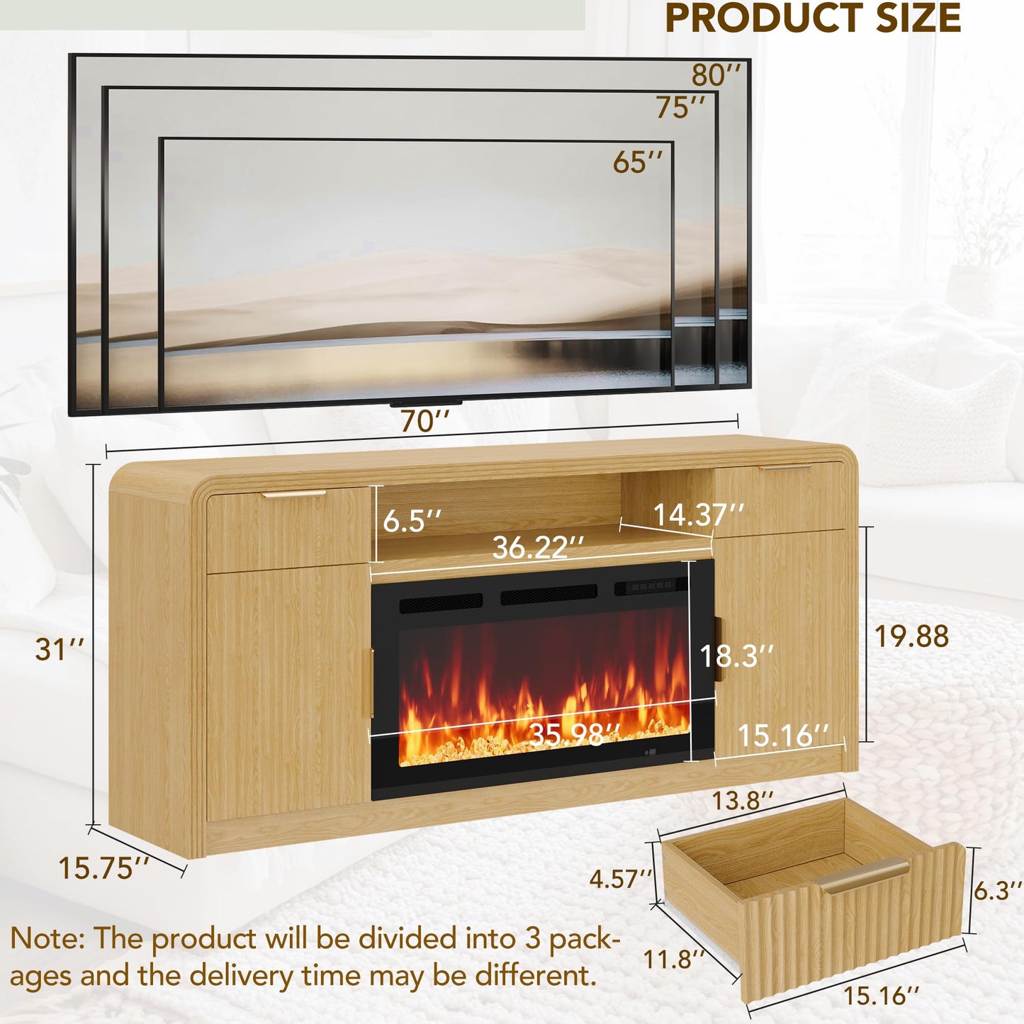 Decofy 70" Fluted TV Stand with 36" Electric Fireplace,Entertainment Center for TVs Up to 80",Mid Century Modern TV Cabinet with Adjustable Shelves & LED Light, Media TV Stands for Living Room