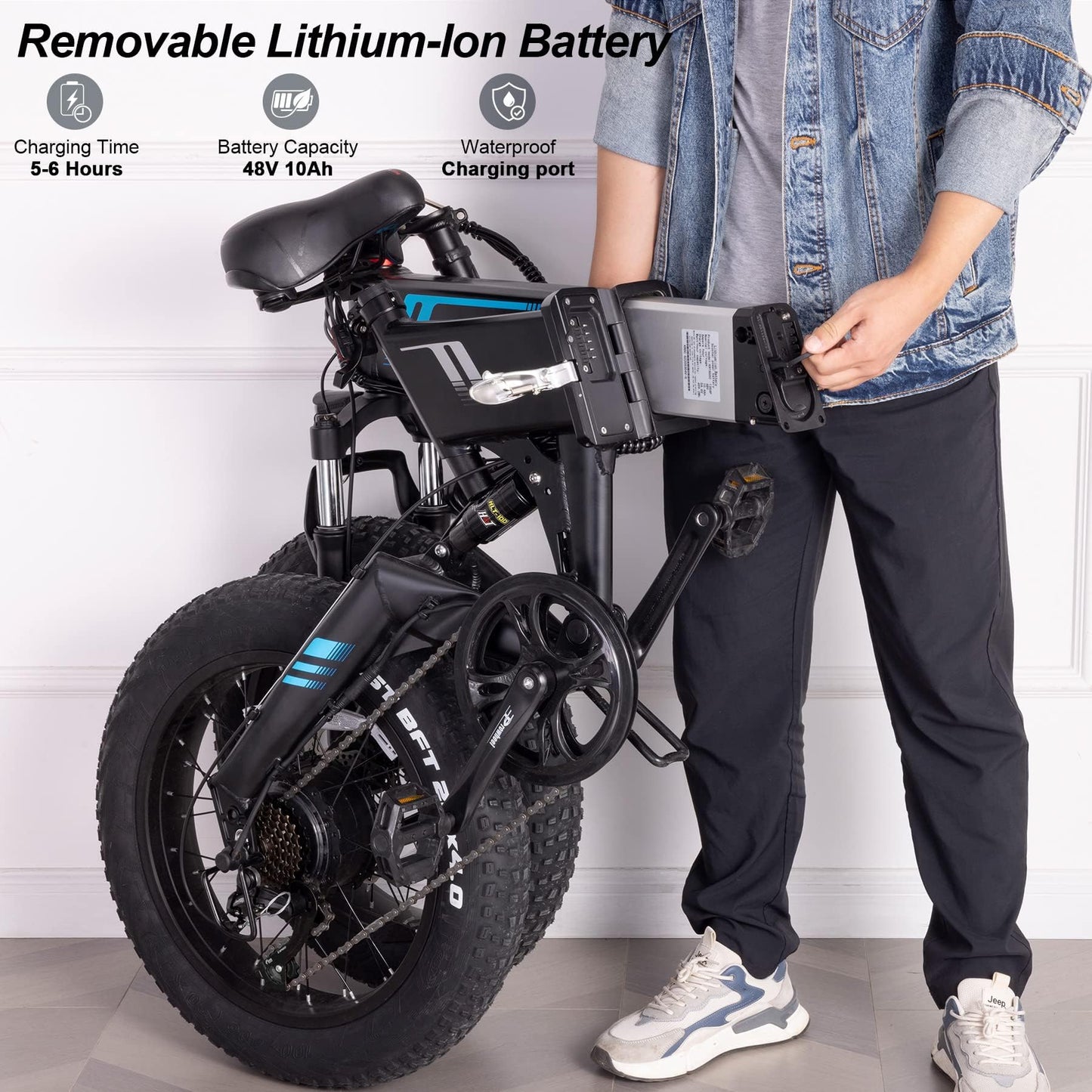 Wooken Folding Electric Bike, 20''X4.0 Fat Tire Electric Bike for Adults,Peak 750W Foldable E Bike with 48V 10Ah Battery,Professional 7 Speed, Full Fuspension, 20MPH Ebike for Mountain Beach Snow
