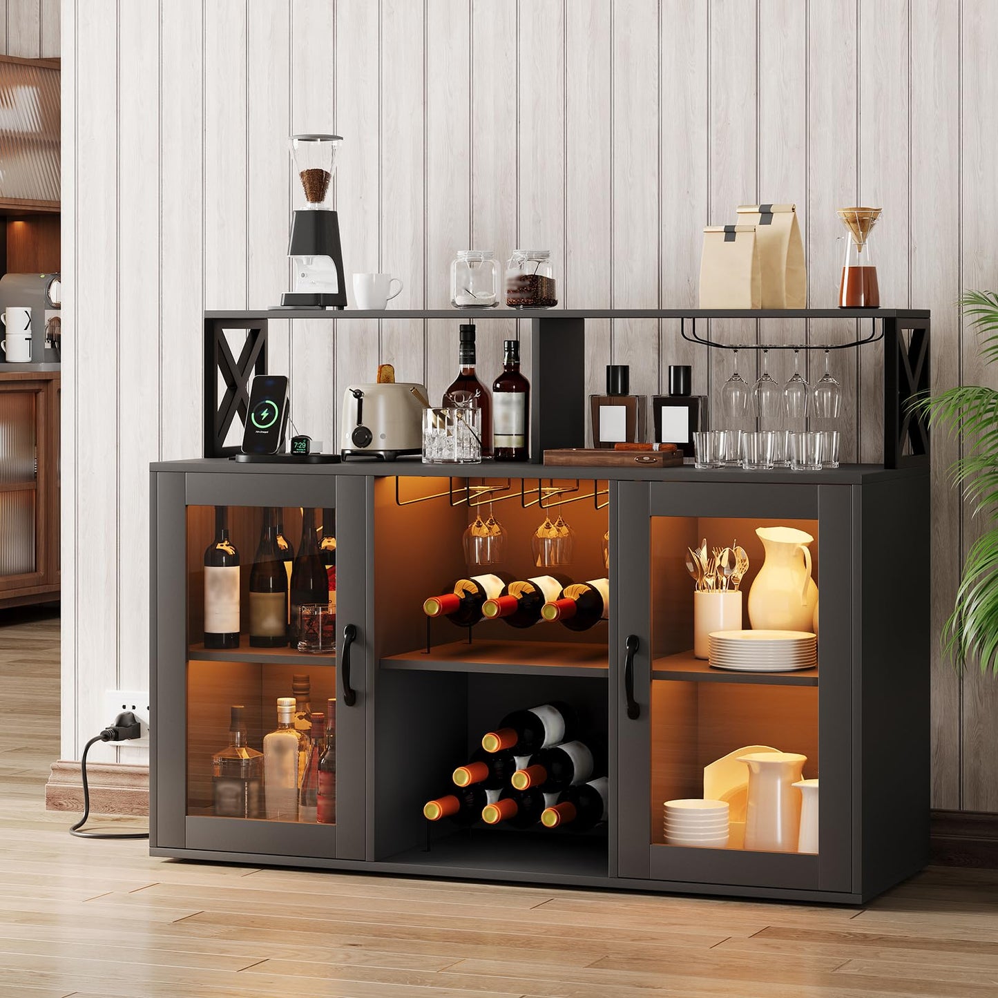 MegaChoice Wine Bar Liquor Cabinet with LED Lights, Wine Glass Holder & Rack, Kitchen Coffee Bar Cabinet, Sideboard Cabinet Bars with Storage for Home, Living Room, Dining Room Black