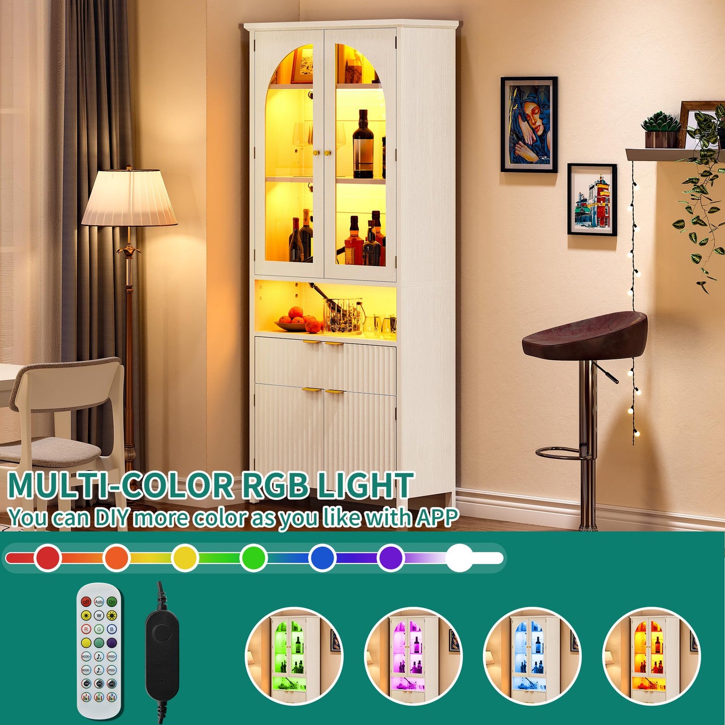YITAHOME 72" Tall Fluted Bookshelf with LED Lights, White Bookcase with Drawers, Arched Glass Doors, 6-Tier Bookcase for Living Room, Office and Study
