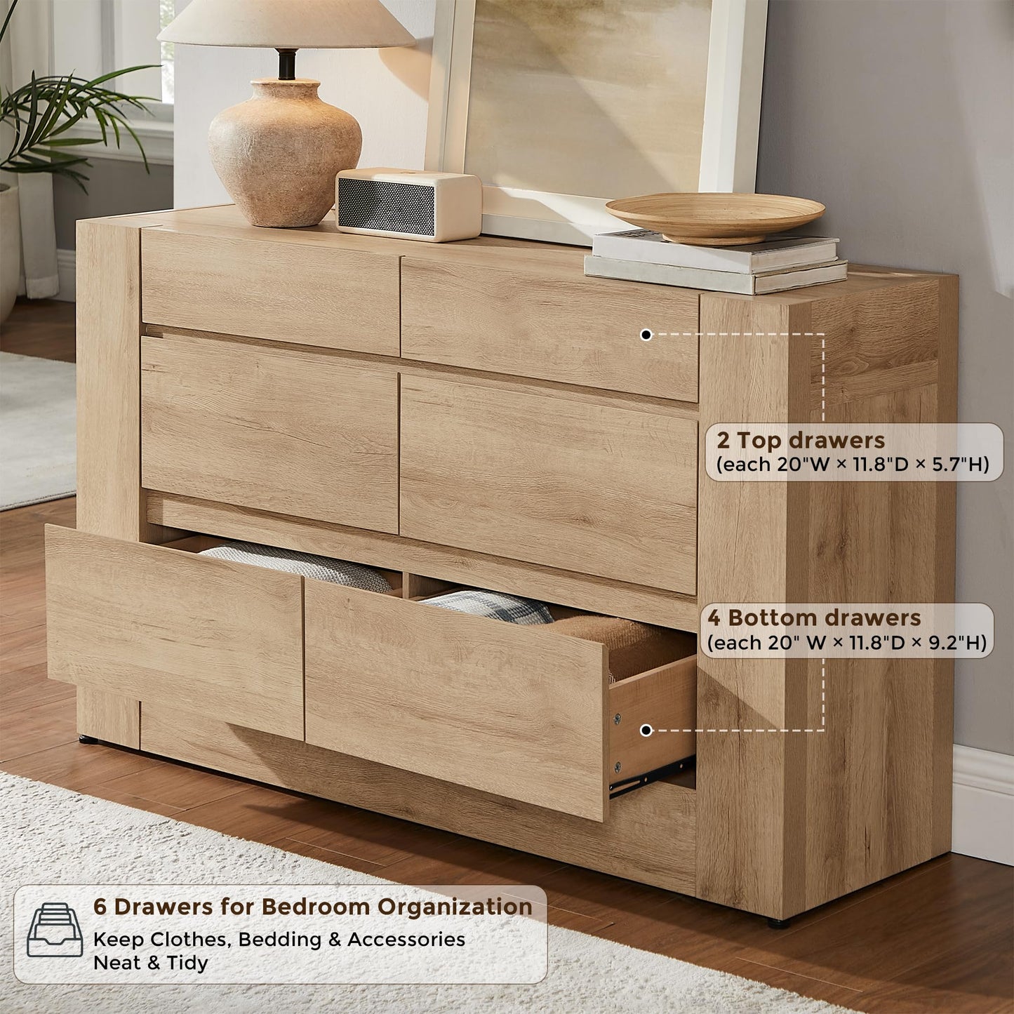 OKD 6 Drawer Dresser for Bedroom, 54" Wide Chest of Drawers with Thick Wood Design, Handleless, Modern Bedroom Dresser, Storage Organizer for Living Room/Entryway/Hallway, Natural Oak