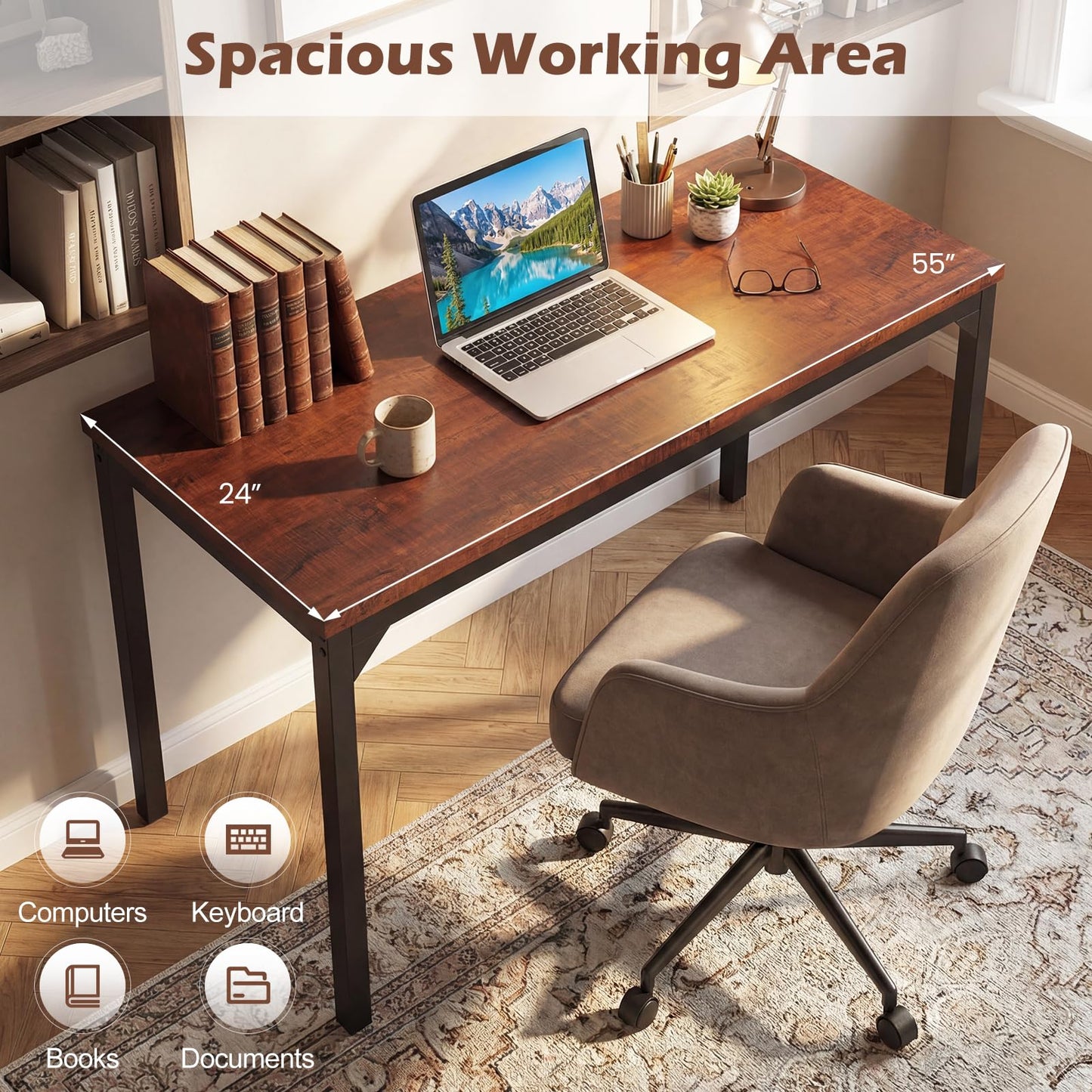Giantex Conference Table, 9.2 ft x 4 ft Large Meeting Table, Rectangular Computer Desk with Strong Metal Frame for 10-12 People, Modern Seminar Table for Office Conference, Brown (4)