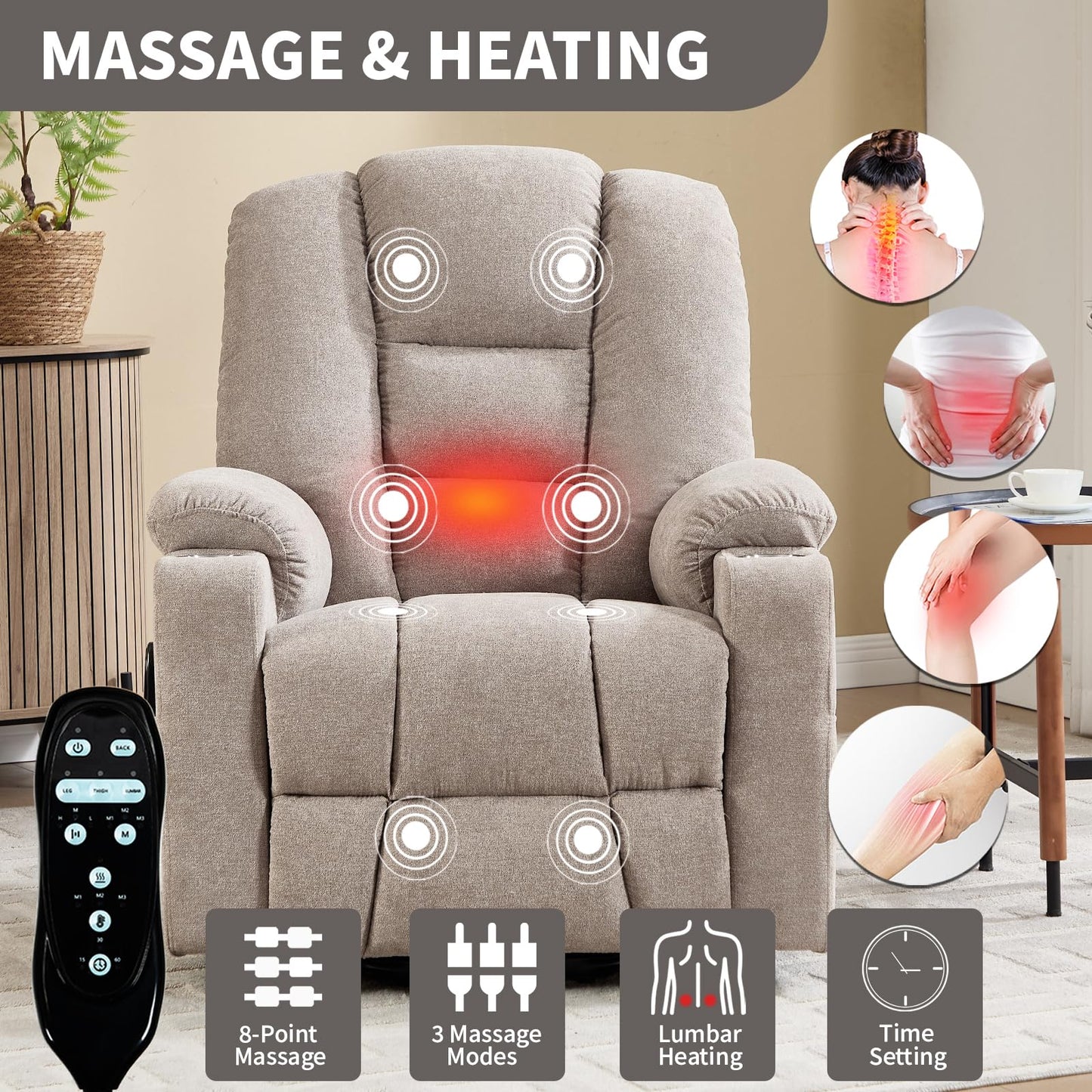 KEIKI Oversized Power Lift Recliner Chair with Heat & Massage, Reding Rocking Chair for Adults, High Seat Cozy Chenille Recliner with Side Pockets, USB Port, Cup Holders & Lumbar Support, Khaki
