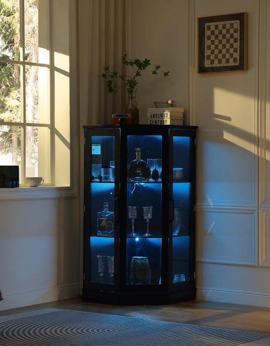 FOREST GRAVITY 49.3'' inch Corner Glass Display Cabinet with Led Light,3-Tier Showcase Display Case with Adjustable Shelf and 7-Color LED Lighting,Corner Bar Cabinet with Glass Doors,Black