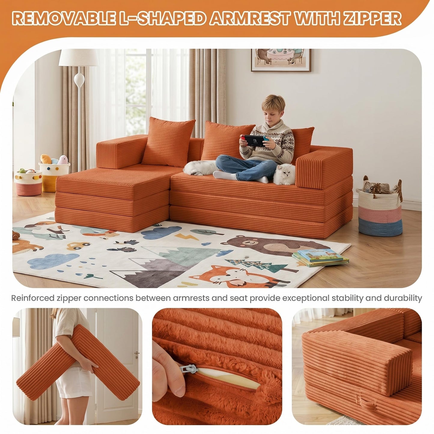65" Modular Sectional Sofa, Boneless Convertible Sleeper Sofa Bed, Modern Tri-Folding Cloud Couch with L-Shape Chaise, Corduroy Futon Couches for Living Room Small Spaces Apartment,No Assembly, Orange