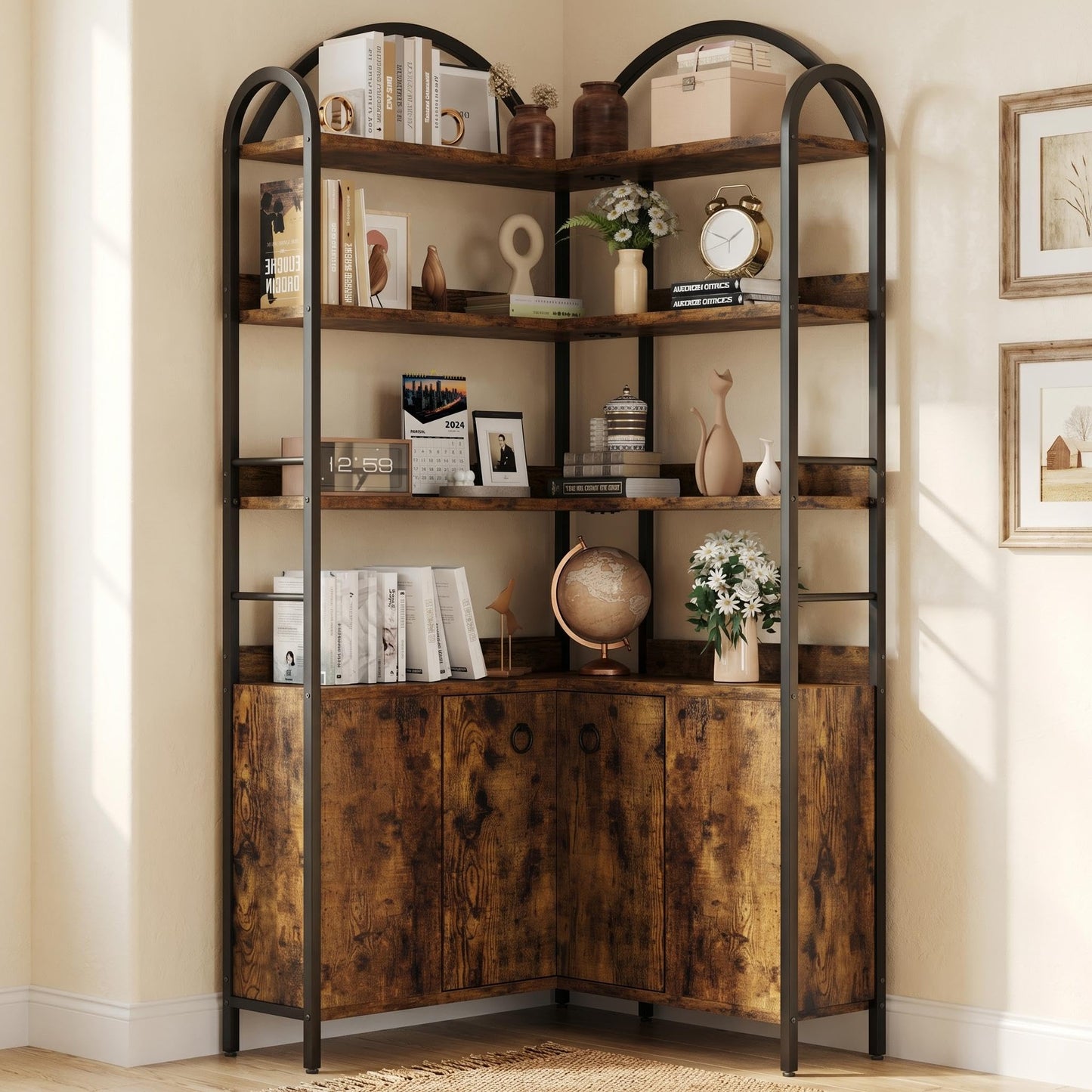 Garvee Corner Bookshelf with Storage, 74.5" Corner Bookcase with Cabinet, Large l Shaped Bookshelf Arched 6 Tier Corner Bookcase with Metal Frame for Living Room Bedroom