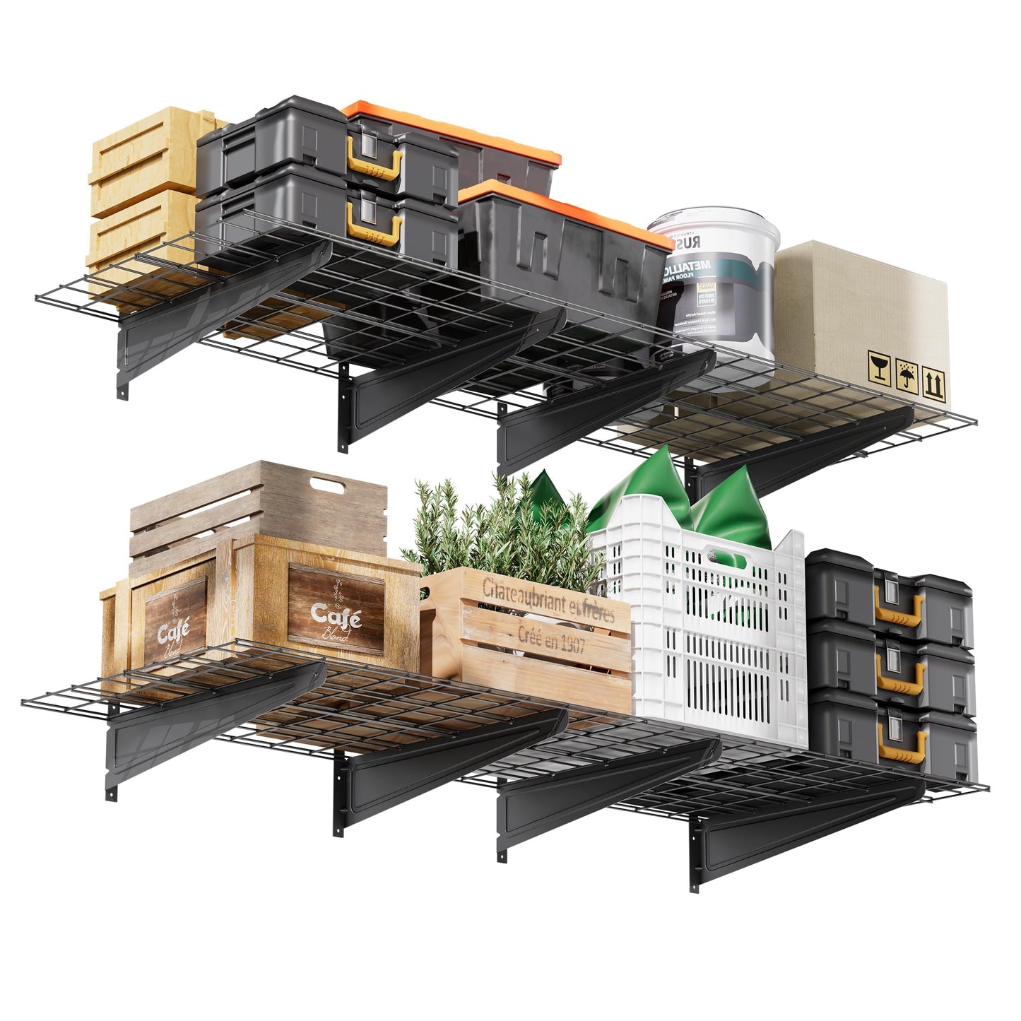 STORKING 2-Pack 2x6ft Garage Wall Shelving, 24"x72" Shelf Storage Rack Floating Shelves Wall Mounted, Heavy Duty Storage Shelves, 800lbs Load Capacity, with 16 Hooks for Garage Organization, Black