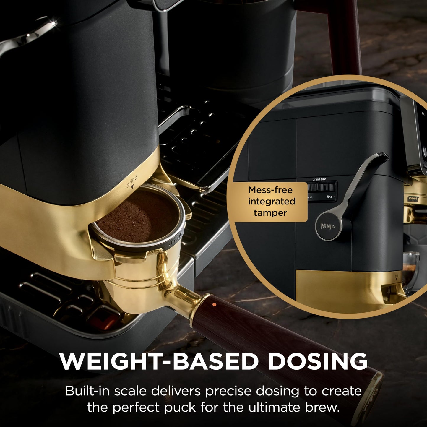 Ninja Luxe™ Café Pro designed by David Beckham, Espresso Machine, Drip Coffee, Cold Brew, Hot Water, Integrated Tamper, Built-in Grinder, Hands-Free Frother for Lattes & More, Black/Gold, ES771BK