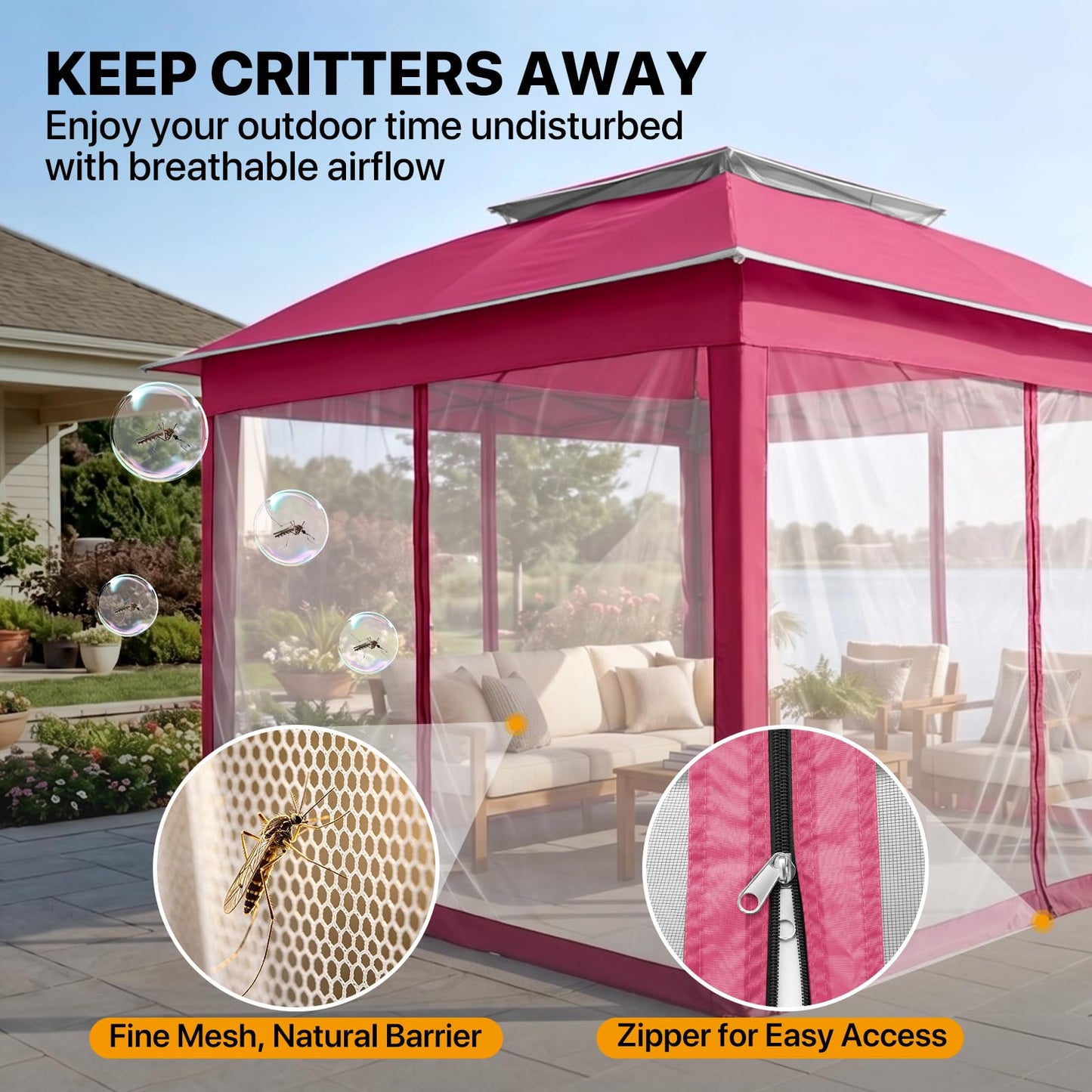 COOS BAY 11x11 Pop Up Gazebo with Mesh Netting, Instant Outdoor Canopy Tent, Water Resistant Shelter with UPF 50+ UV Protection, 121 Sq Ft Coverage, Dark Pink