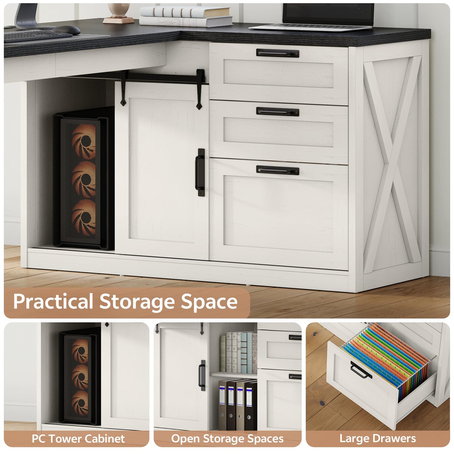Homiflex Farmhouse L Shaped Office Desk with Drawers 78 Inch L Shape Desk Executive Office Desk with File Cabinet Storage Shelves and Power Outlets for Home Office, White and Black