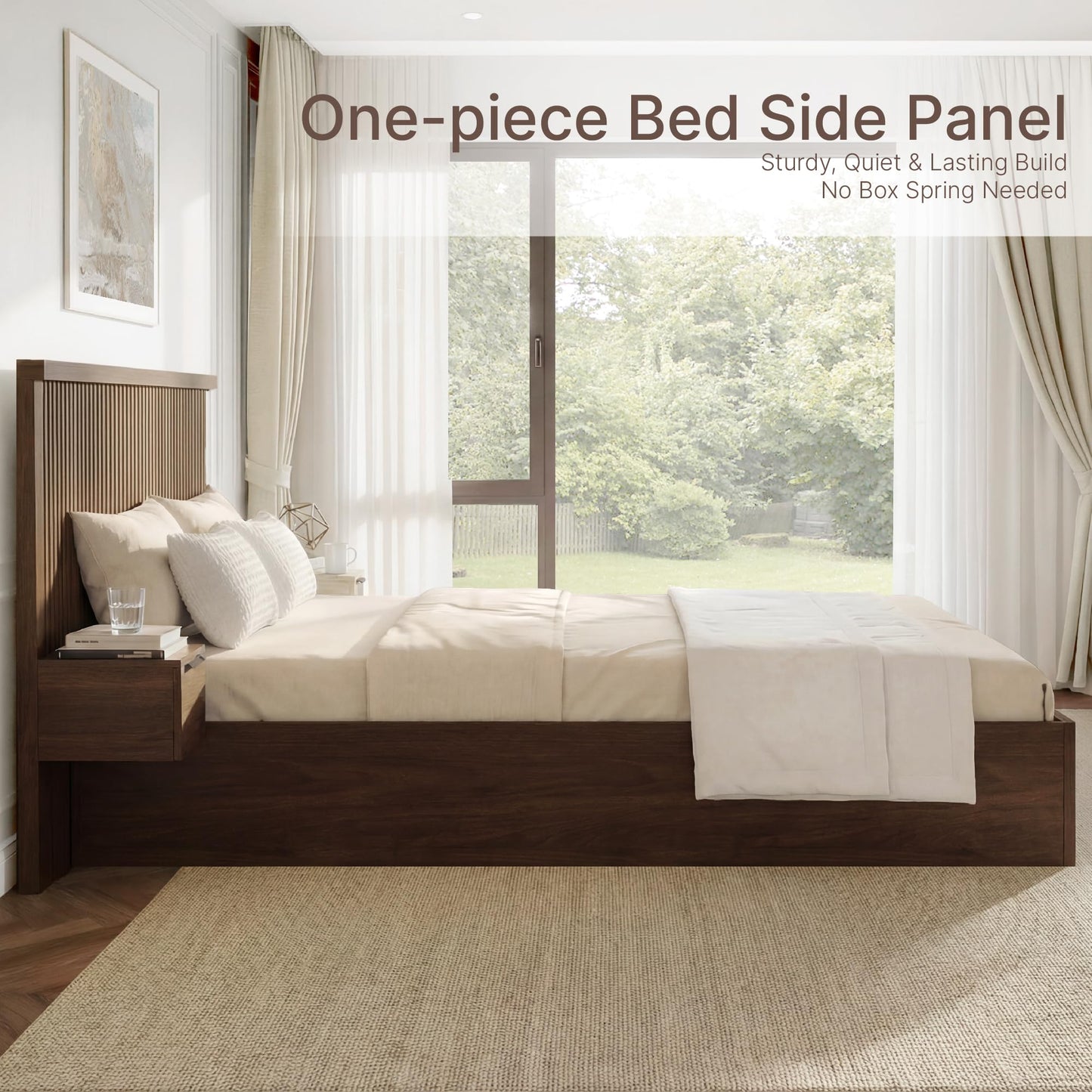 KISLOT Queen Size Wood Bed Frame with Built-in Nightstands, Modern Fluted Headboard & Storage Drawers, Solid Wood Slat Support, No Box Spring Needed, Noise-Free, Easy Assembly