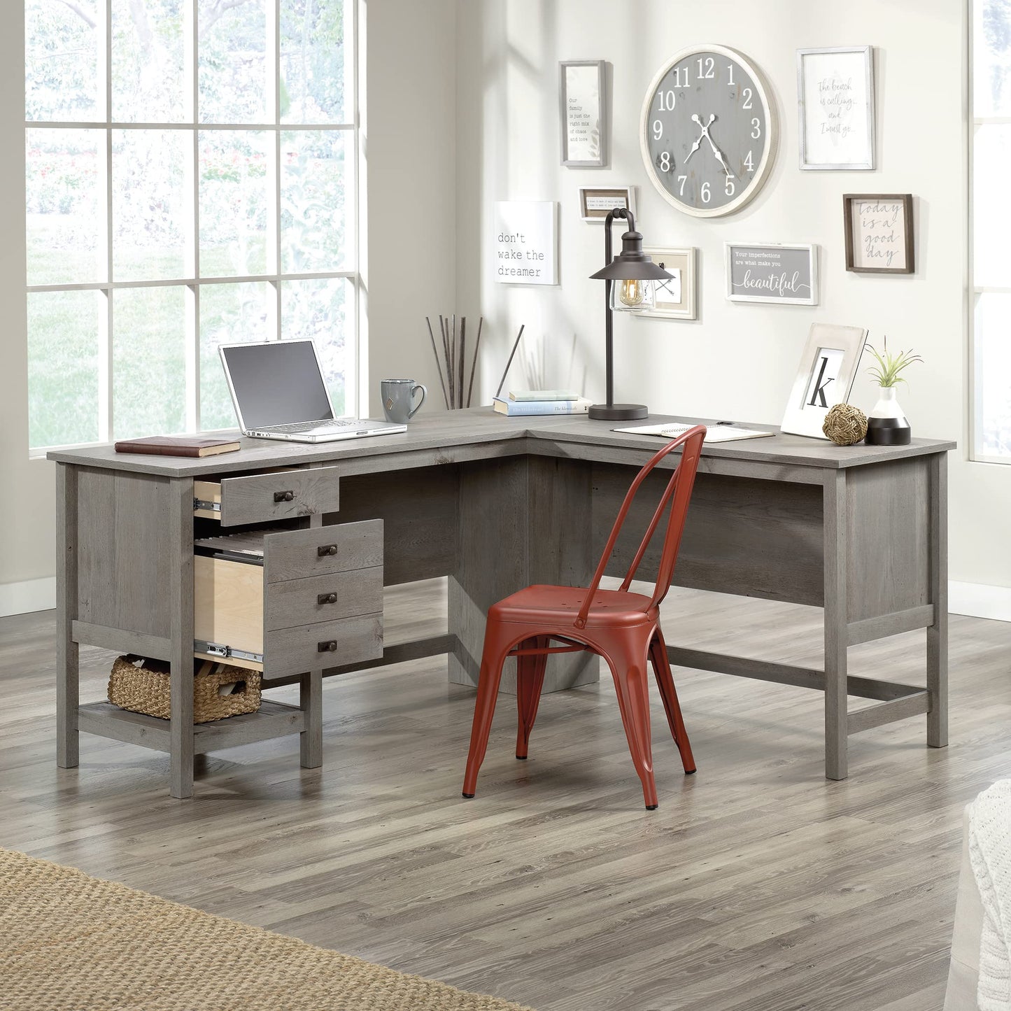 Sauder Cottage Road L Shaped Desk Computer Desk with Drawers, Home Office Desk with Optional File Cabinet Storage, Cable Management, in Mystic Oak Finish