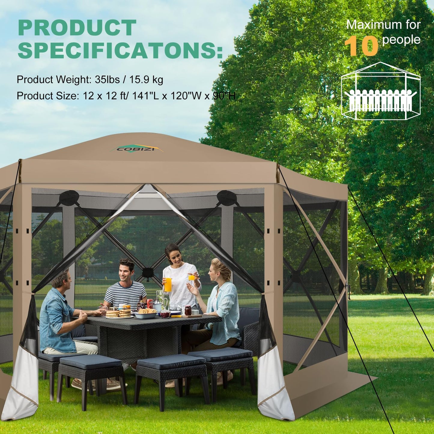 COBIZI 12x12 FT Pop Up Canopy Extendable Tent, Gazebos On Clearance, Screened in Gazebo,Screen Tents Portable carpas para Patio for Outdoor Camping,Backyard, Garden, Khaki(Upgraded)
