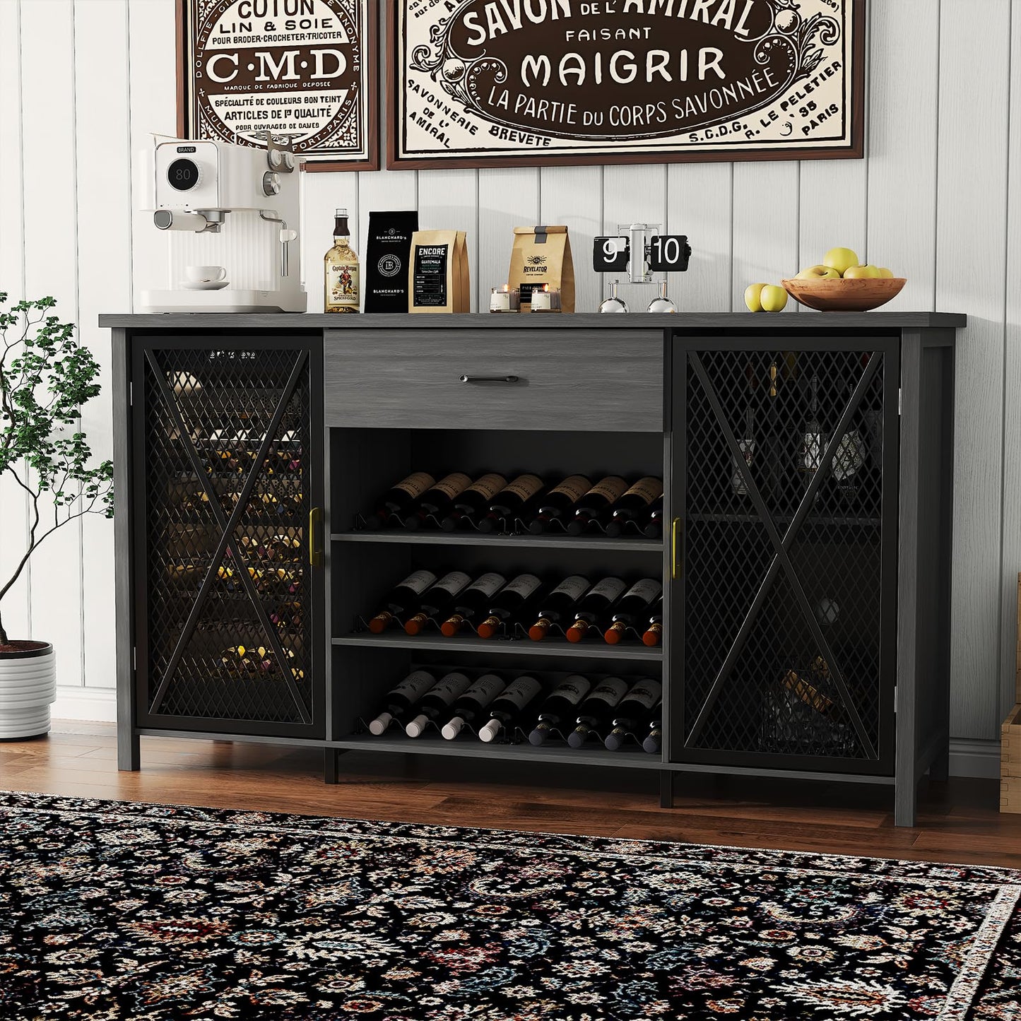 IDEALHOUSE 71'' Wine Bar Cabinet, Modern Buffet Cabinet with Storage Drawer and Adjustable Shelf, Industrial Coffee Bar Table with Wine Racks for Kitchen, Dining Room, Living Room, Black